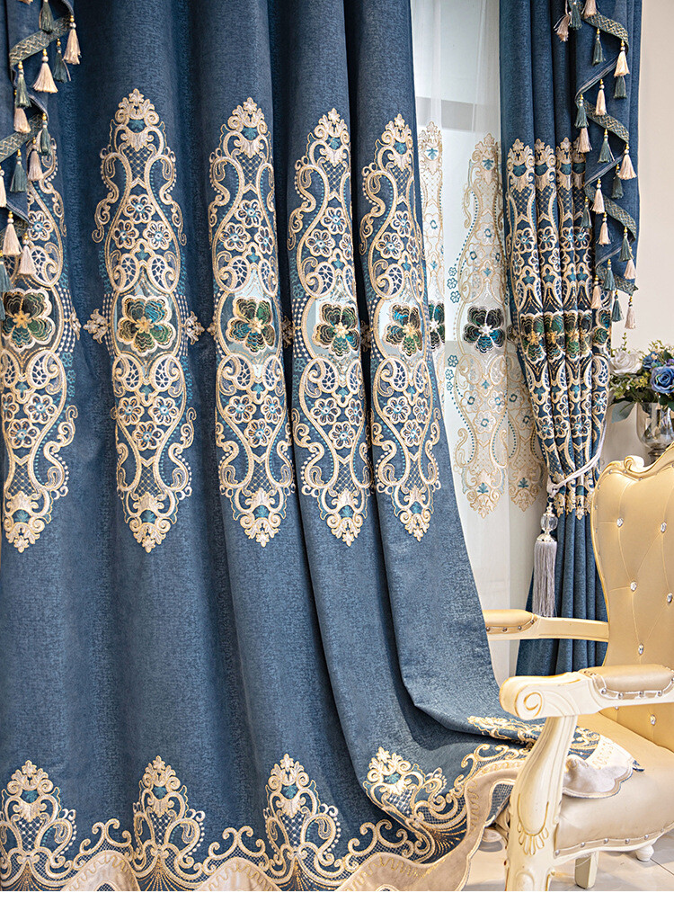 High-grade embroidery blue chenille cloth curtain tulle valance drape C1479