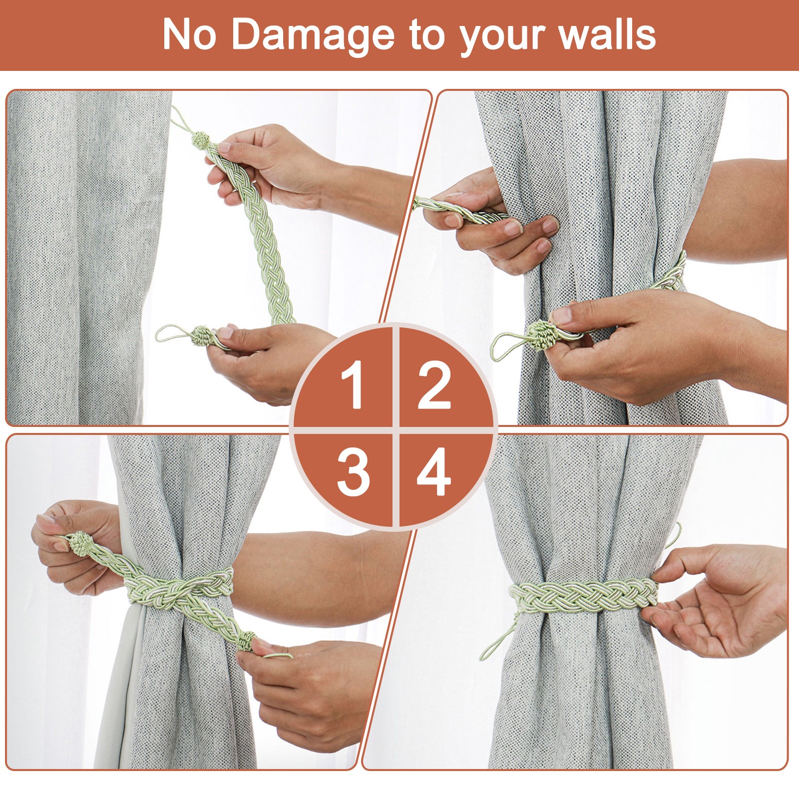2Pcs 58cm/23″ Curtain Tiebacks Braided Drapery Holdback Holder, Light Green