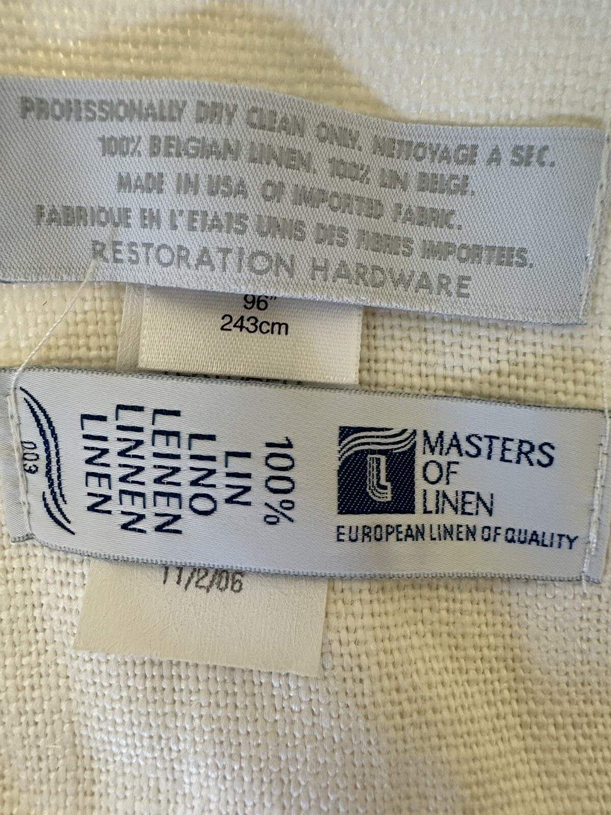 Single Restoration Hardware Belgian Textured Linen Curtain 96×48 White Lined