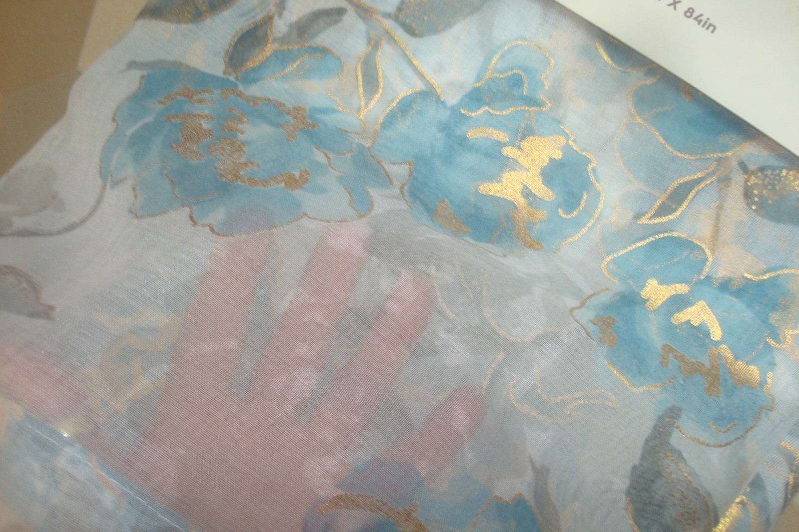 NWT Laura Ashley 4 pc Curtains Metallic Floral Sheer Aqua Gold each 38 x 96″ lg