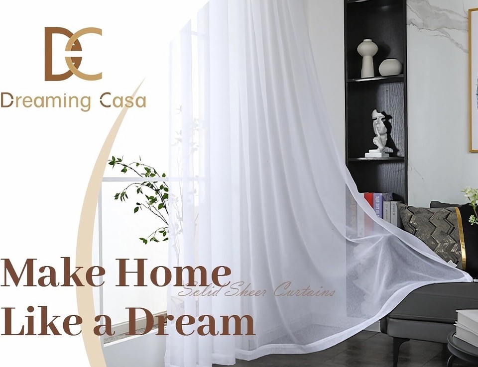 DREAM CASA Solid Sheer Curtains Draperies White 2 Panels 100″ W x 84″ L