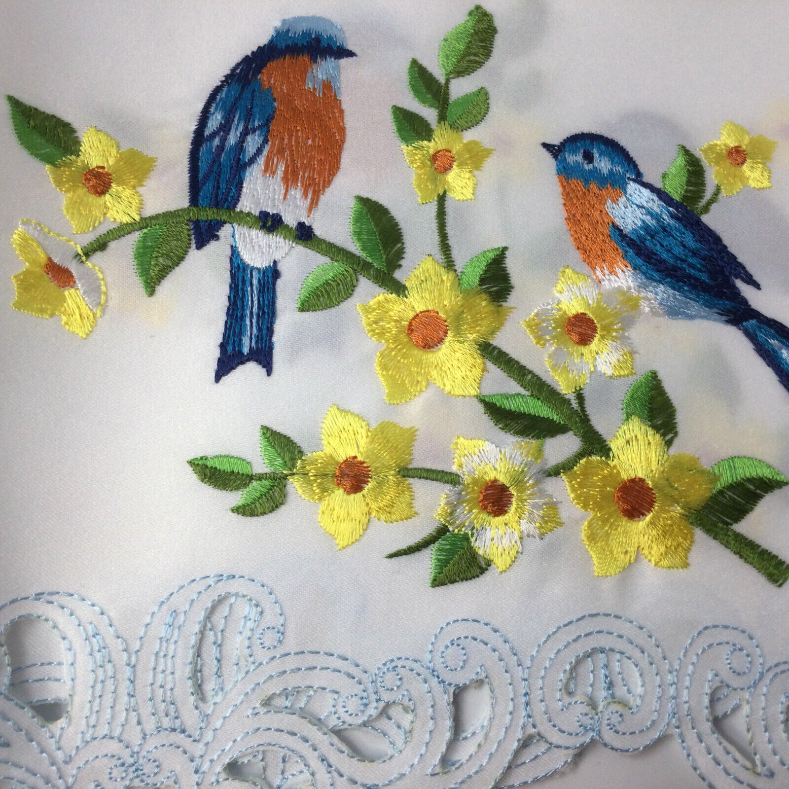 Embroidered White 2 Tiers Window Curtains Birds and Flowers 24 x 28 Each