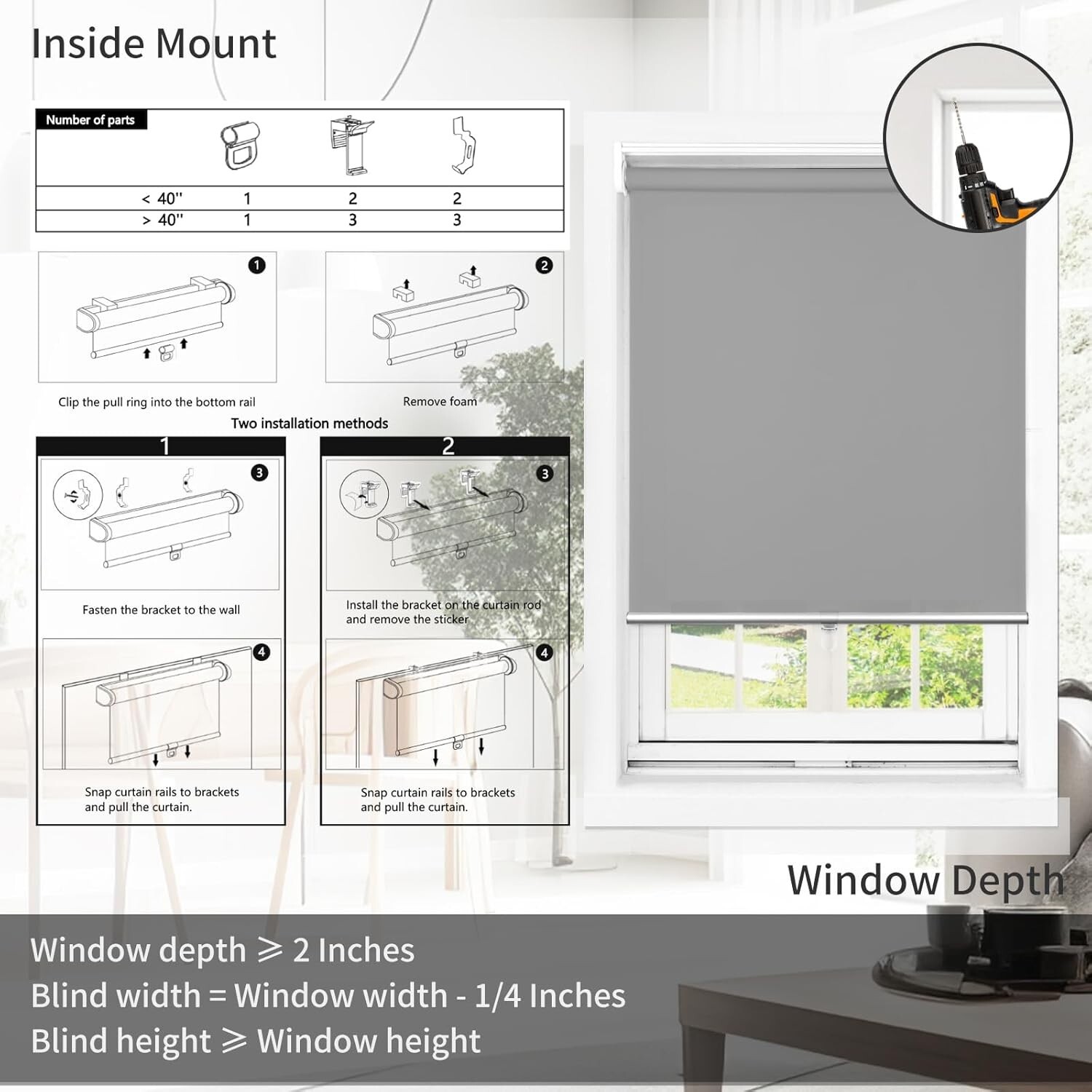 Cordless Fade Resistant Exterior Roller Shade Grey 42in. W x 72in L Room Darken