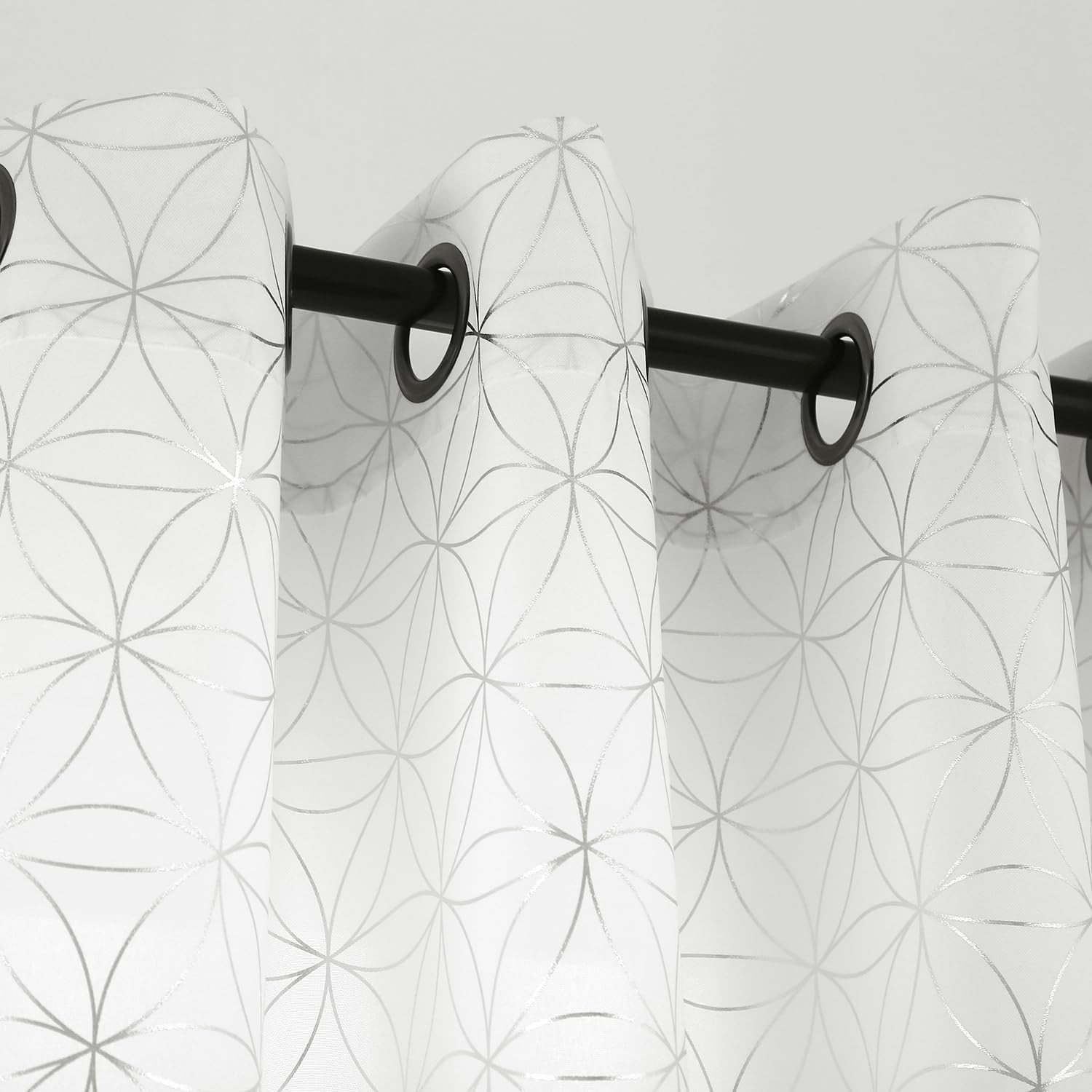 Exclusive Silver Linen Grommet Curtains,Unique Metallic Moroccan Tile FoilPrint