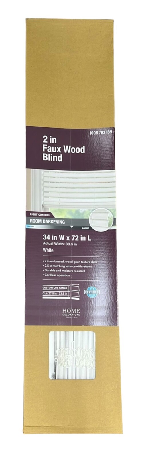 NEW Home Decorators 2 in Faux Wood Blinds 2.5 in – 34 in W x 72 in L White