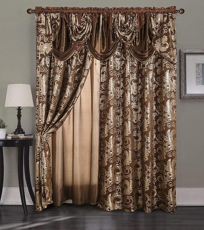 GLORY RUGS Jacquard Luxury Window 2 Panel Set With Valance Curtains & Tie Backs