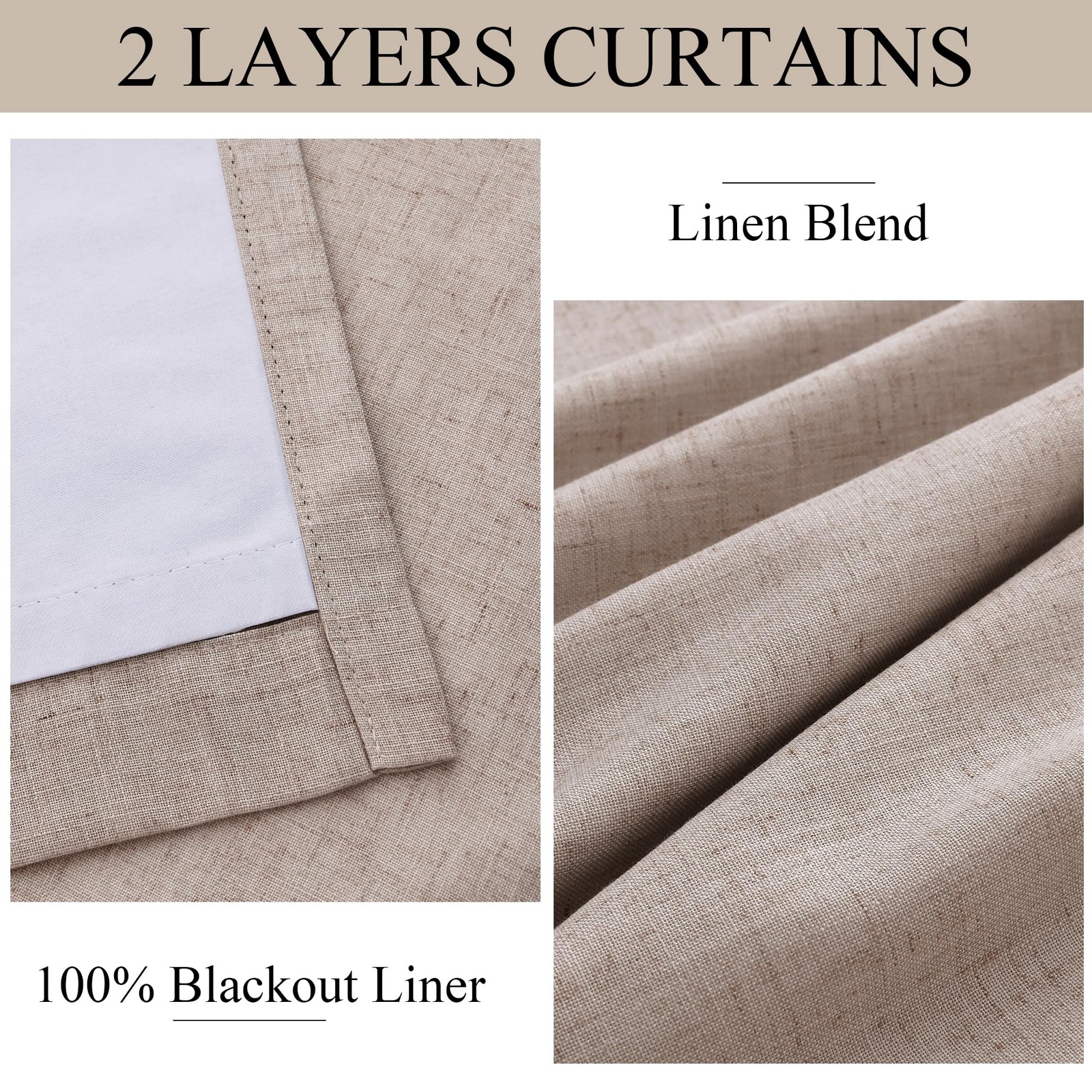 Oatmeal 100% Blackout Pleated Linen Curtains 120 Inches Long 2 Panels Set for…