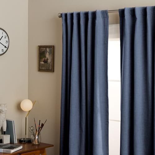 Davos Solid Linen Texture Indoor Curtains, 50″W x 108″L (Pack of 2) Navy Blue