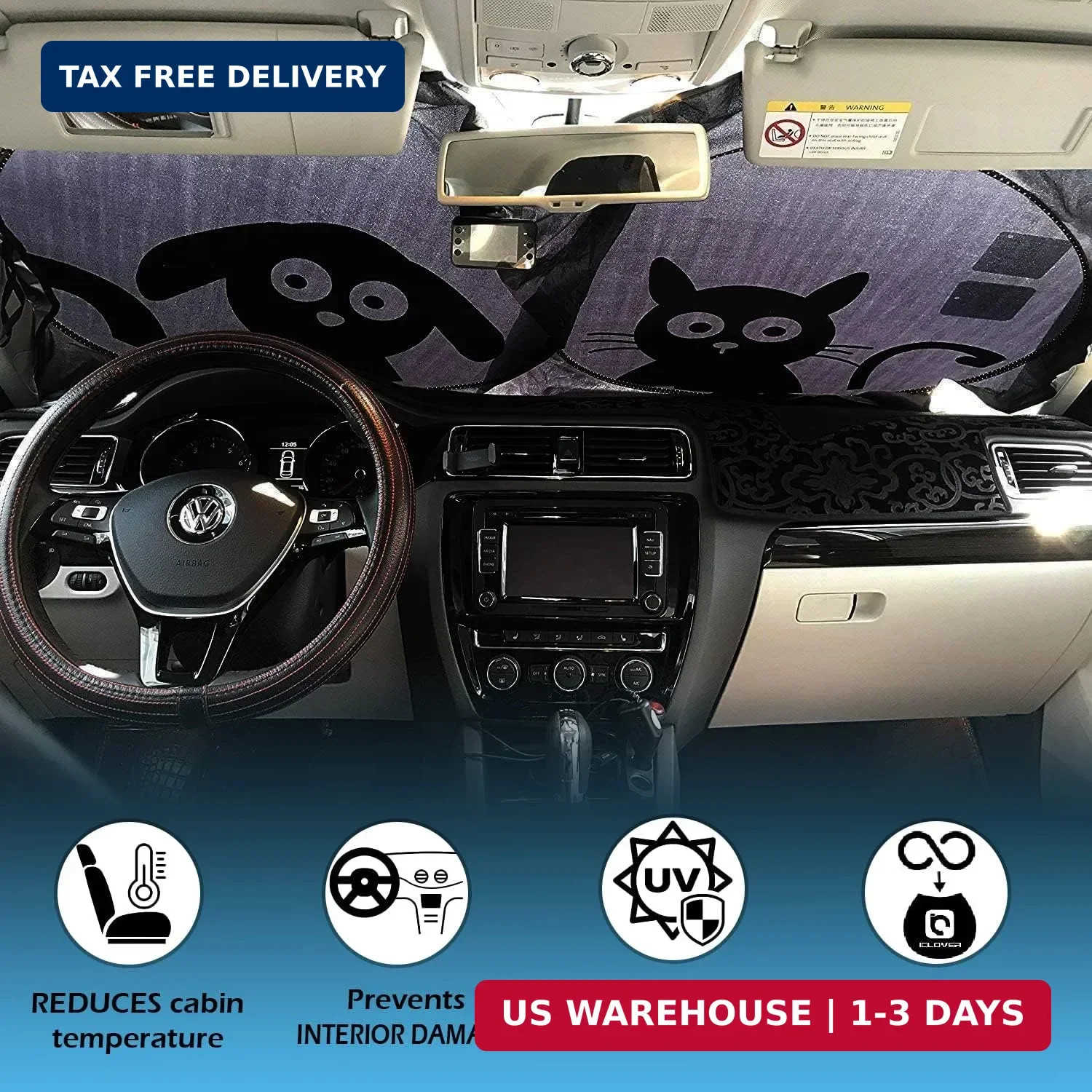 Car Windshield Sunshade with Pet Design, Cute Dog & Cat Medium Dog & Cats