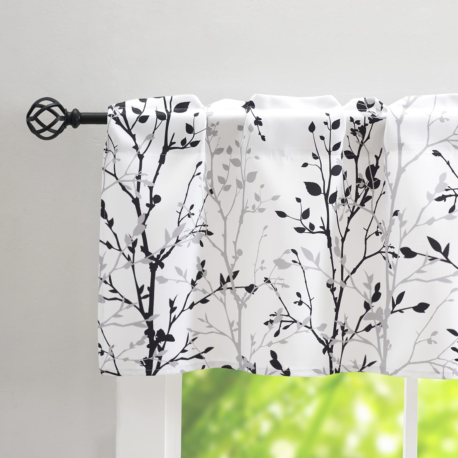 Tree Branch Printed Valance Curtain 18 Inches Long Kitchen Valance Black And Gre