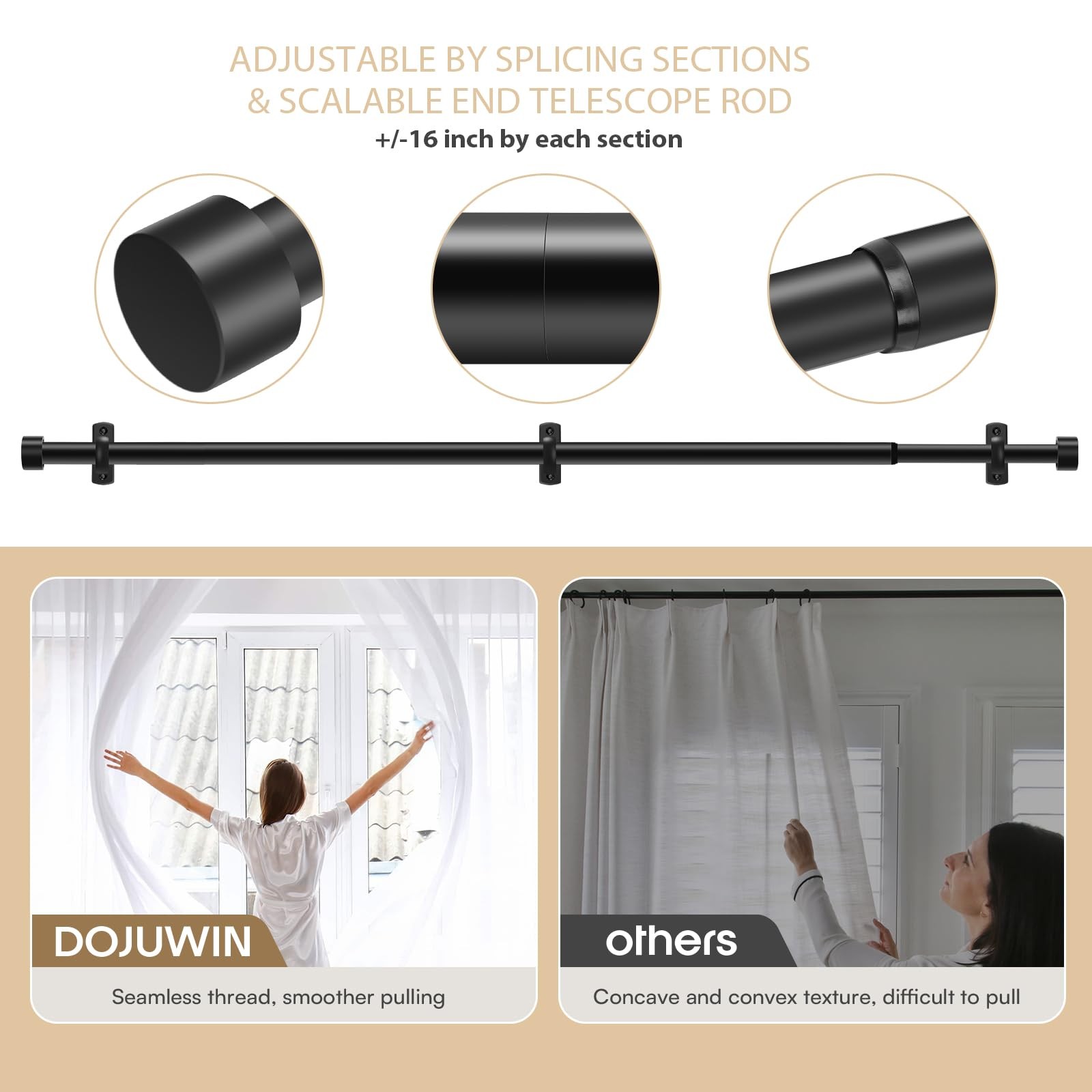 Matte Black Curtain Rods for Windows 32-240 Inches (2.5-20 Ft) Adjustable Hea…