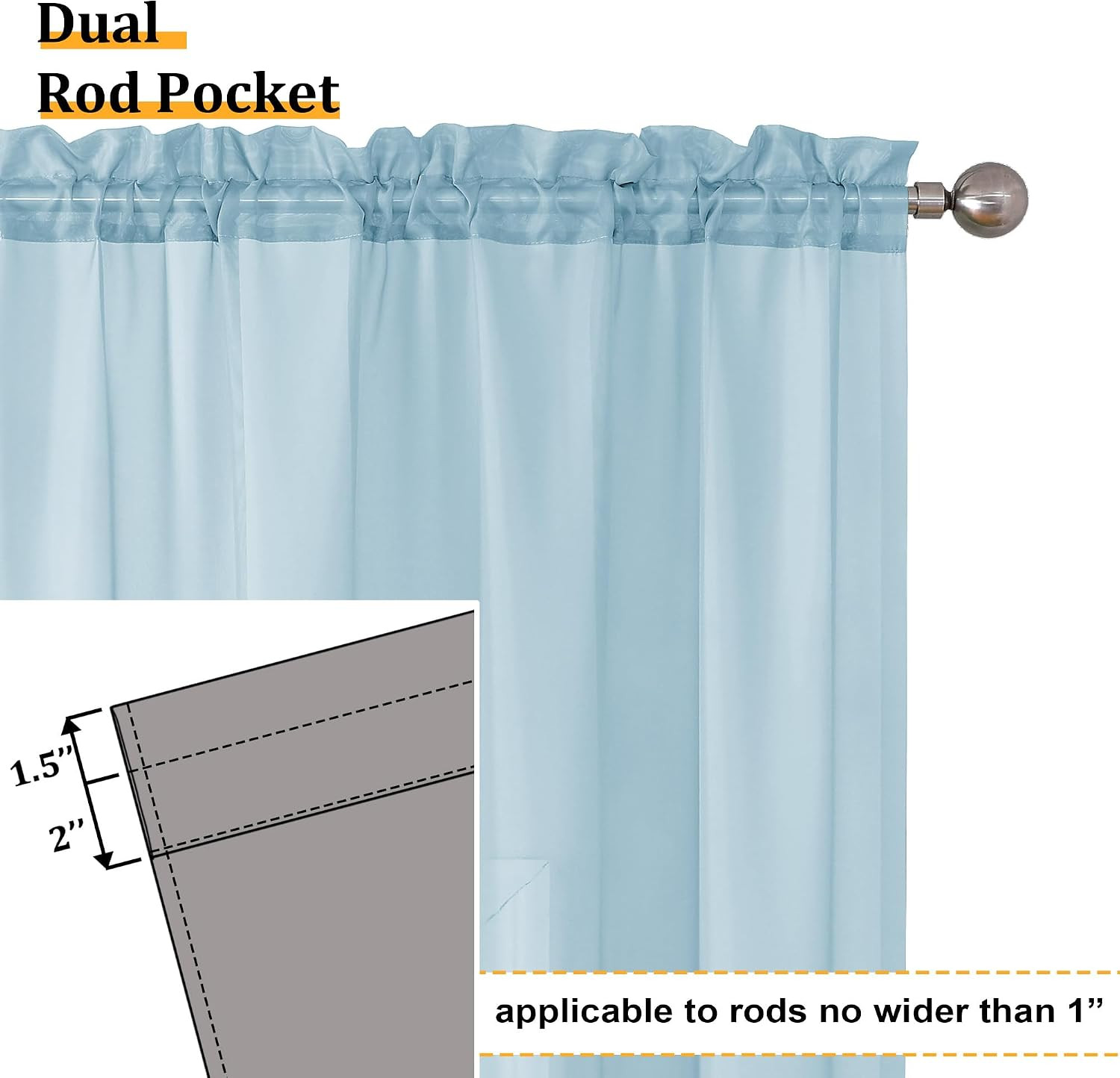 2 Pack: Basic Sky Blue Sheer Curtain Drapes 84 Inch Length 2 Panels for Living R