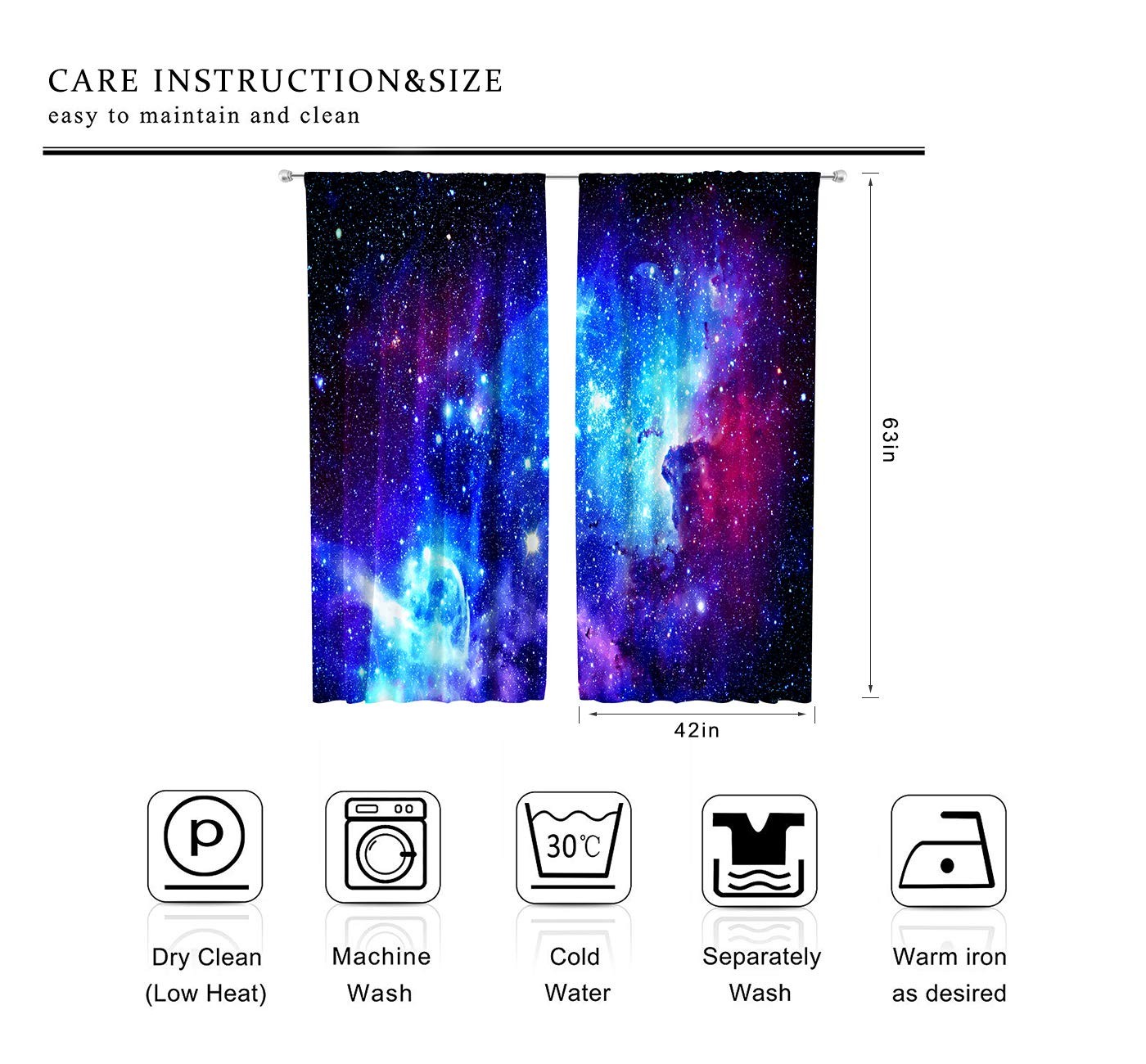 Galaxy Outer Space Nebula Curtains (2 Panels 42 x 63 Inch) Blue Rod Pocket Un…