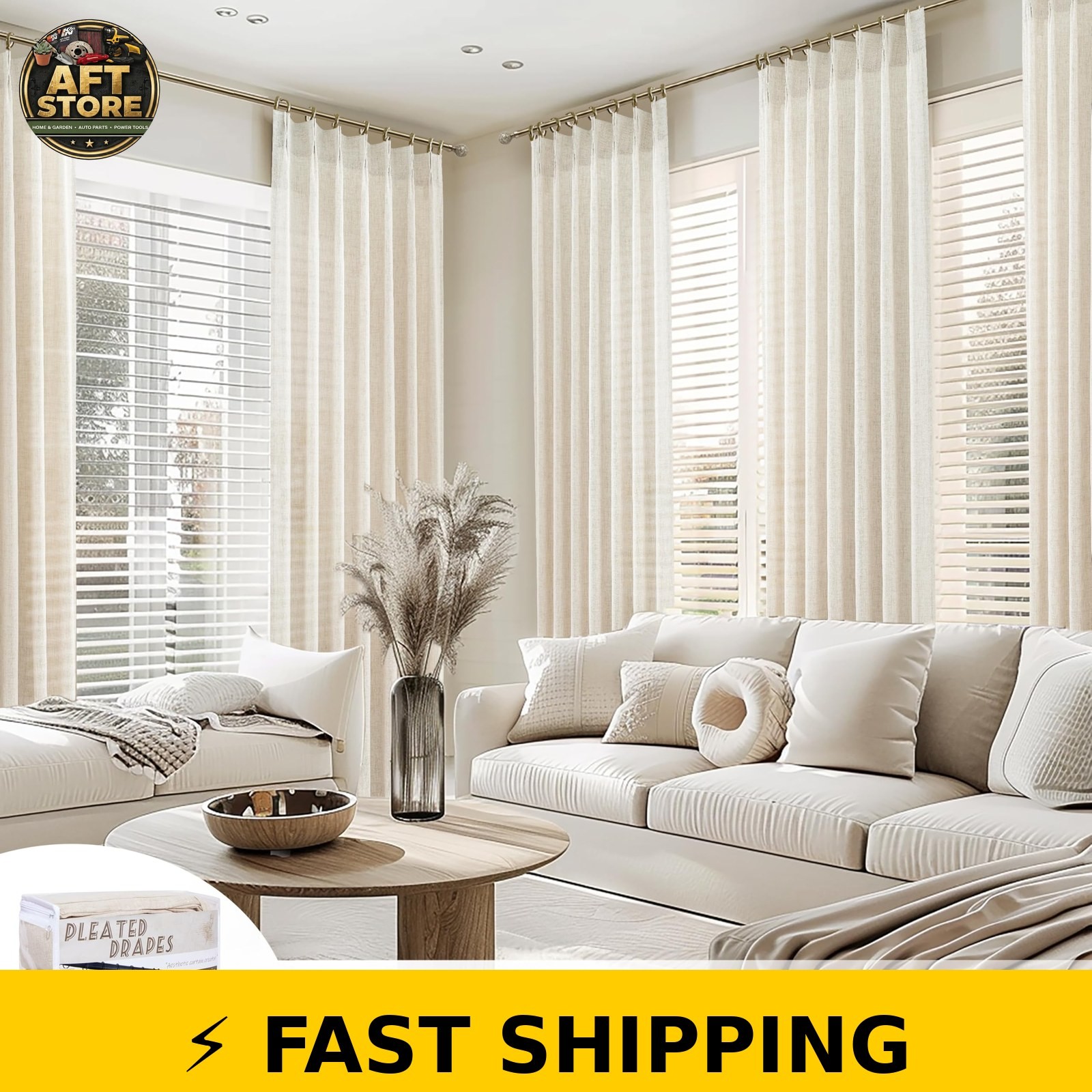 PleatedDrapes Pinch Pleated Linen Curtains 96″ Long Cream 2 Panels