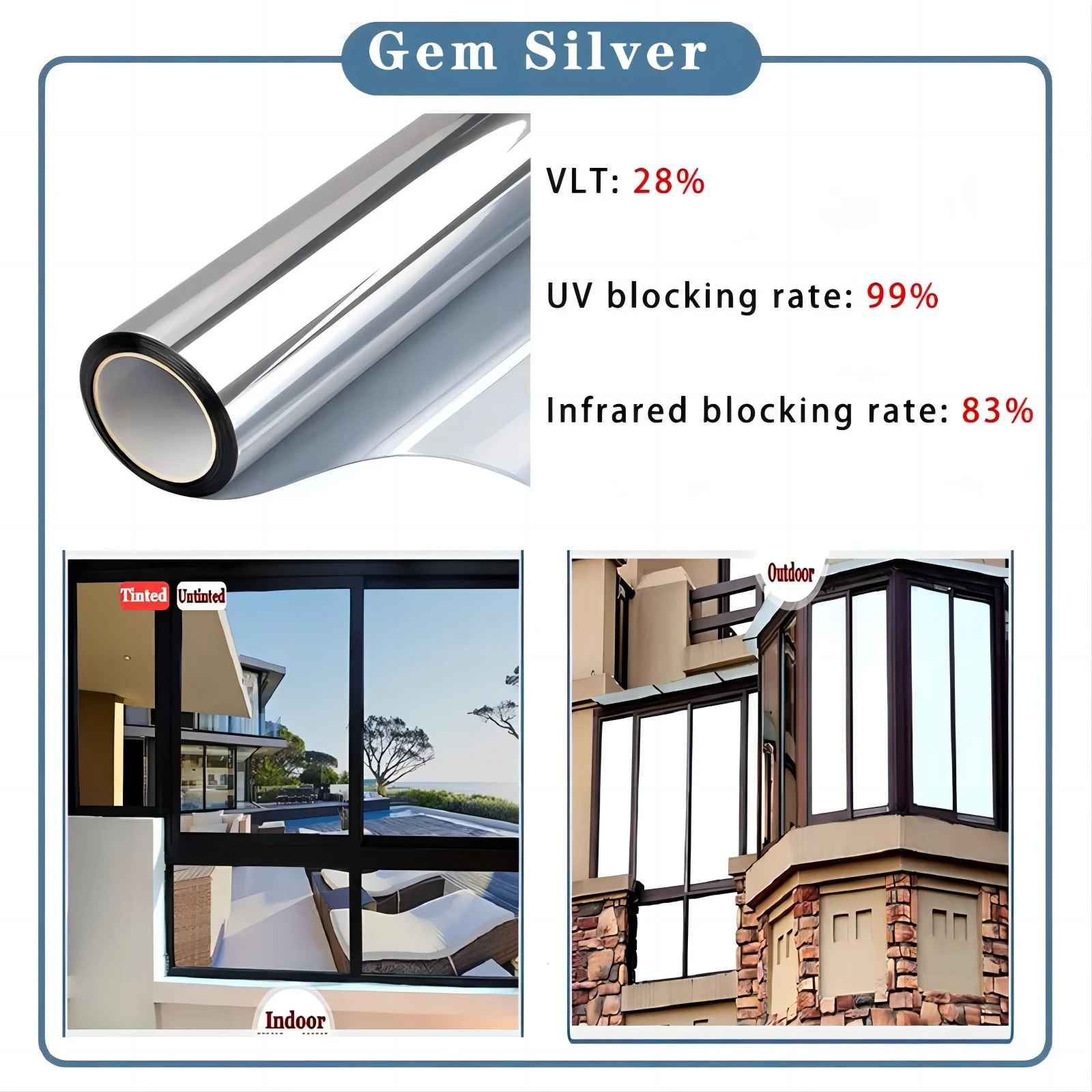 One Way Window Privacy Film Mirror Tint UV Heat Control Static Cling