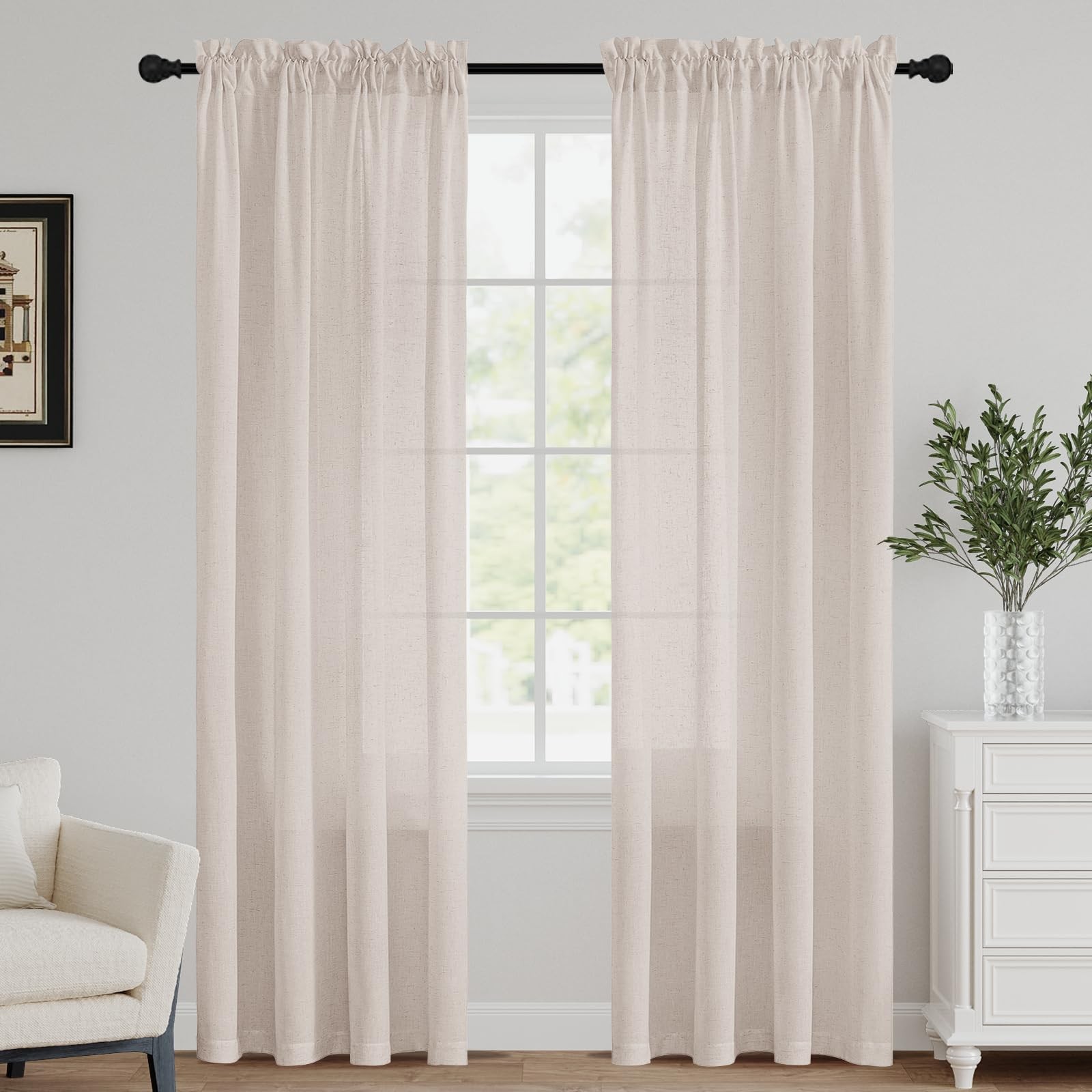 Natural Linen Curtains 84 inch Long Rod Pocket Flax Linen Burlap Semi Sheer w…