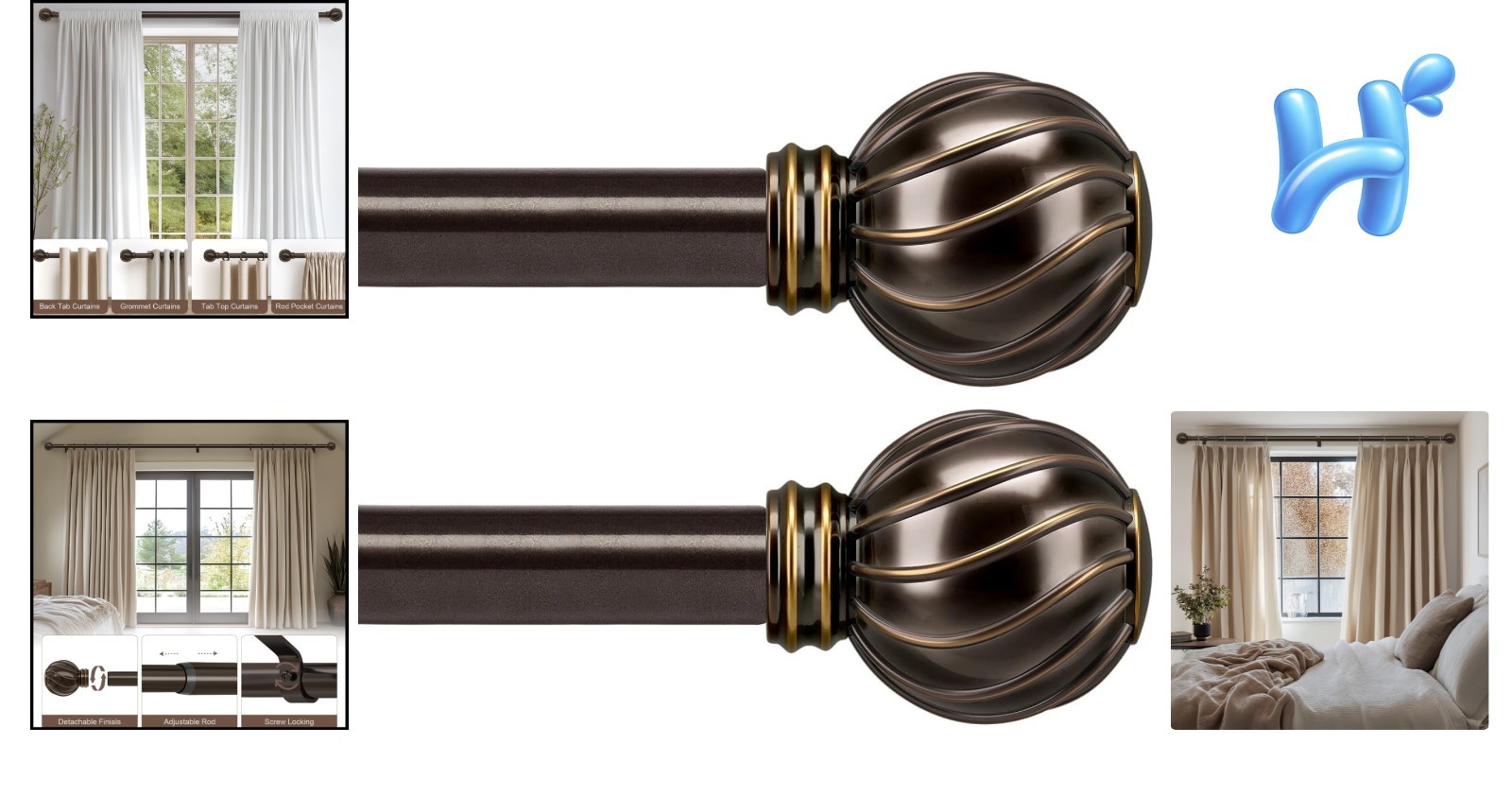 Versatile 2 Pack 18-60″ Brown Curtain Rod Set with Decorative Finials for Home
