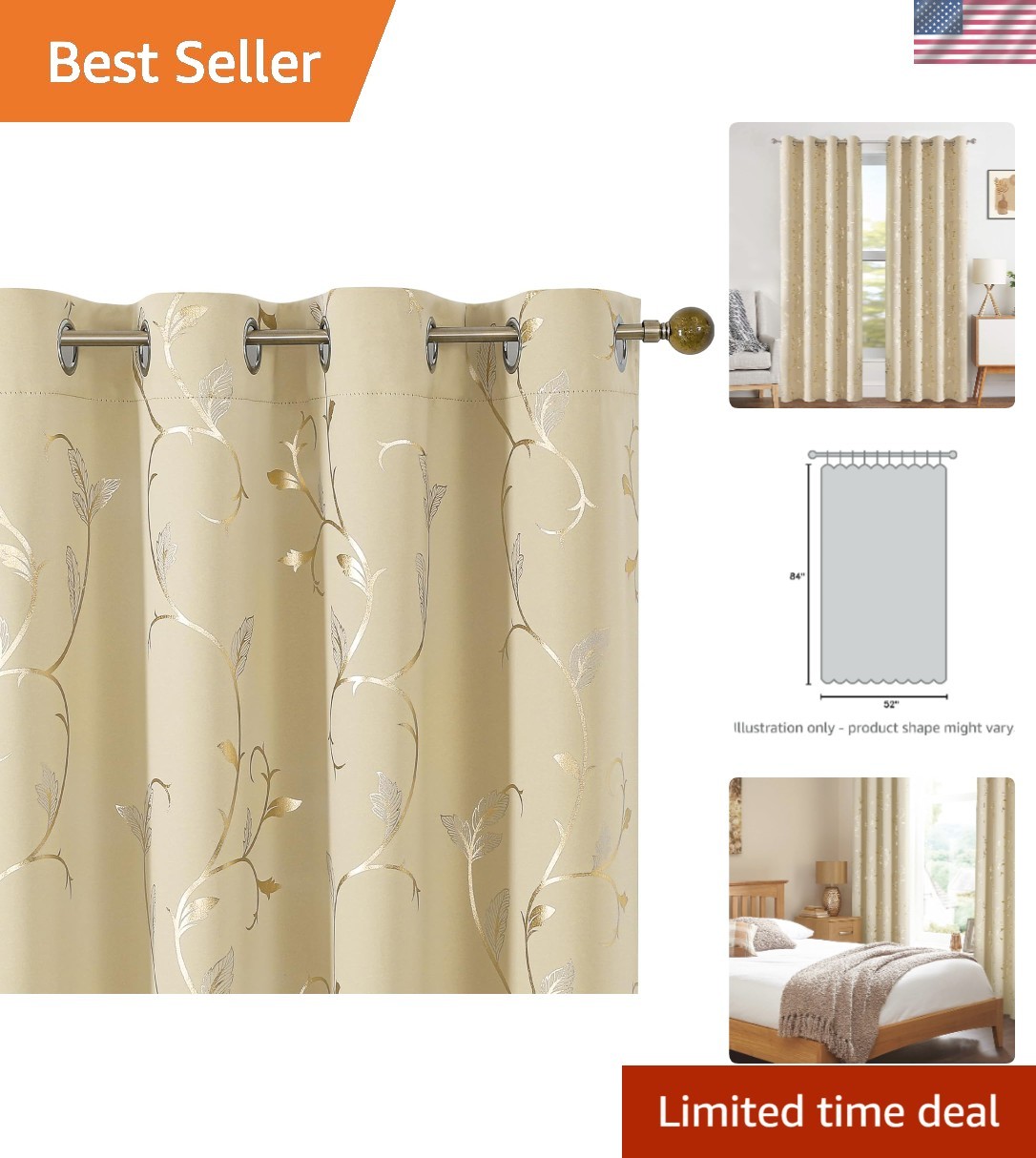 Elegant Gold Foil Print Blackout Curtains, Thermal Insulated, 52×84 – 2 Panels