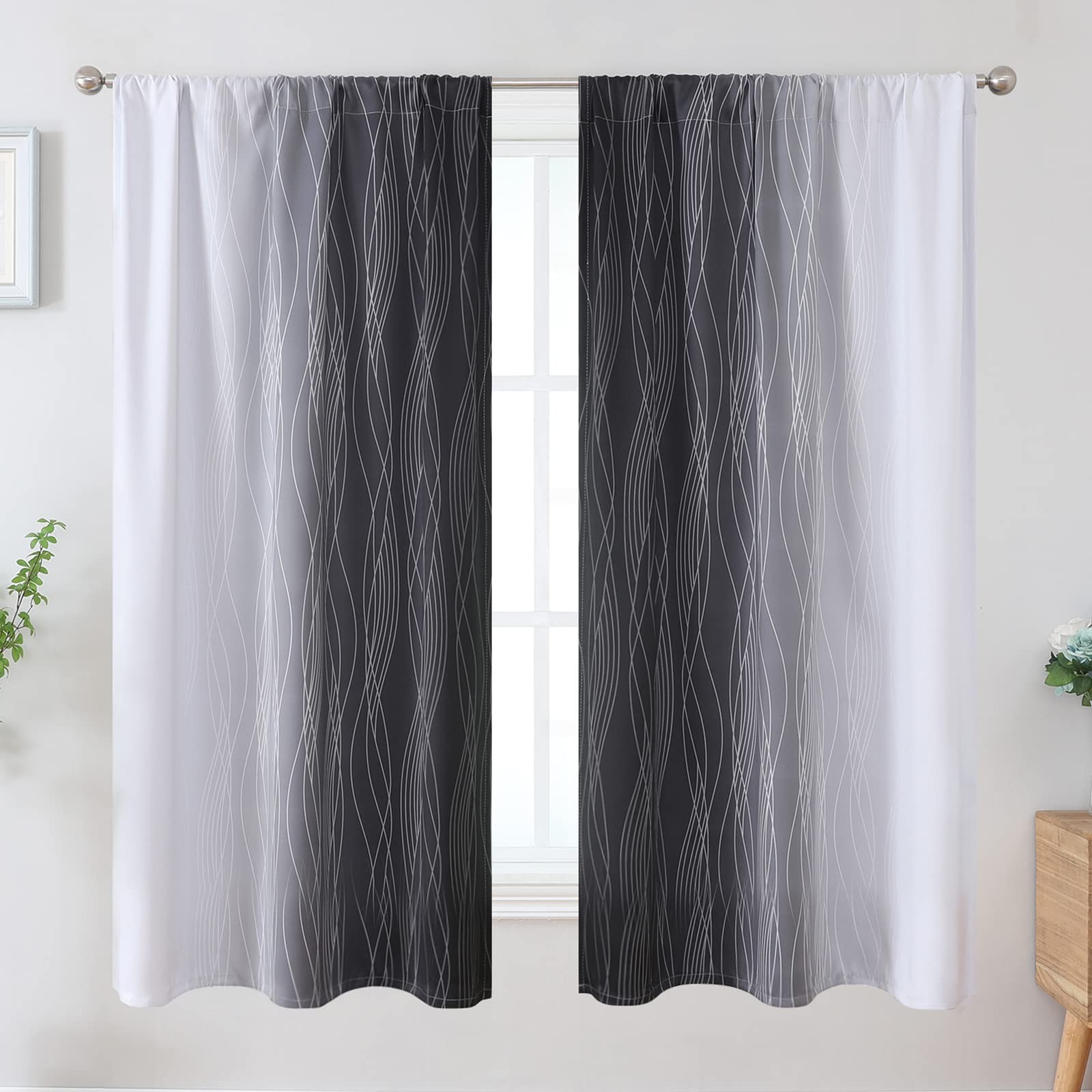 Estelar Textiler Black and Greyish White Ombre Blackout Curtains 63 Inch Leng…