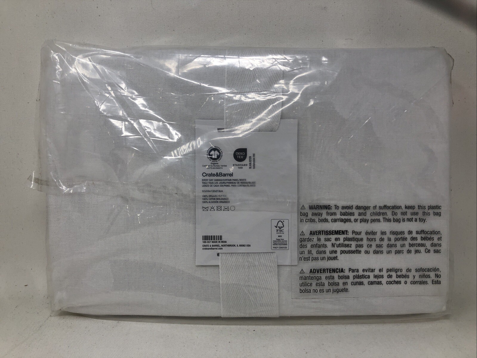 Crate & Barrel White Curtain Panel, Organic Cotton Canvas 52x84in / 132x213cm