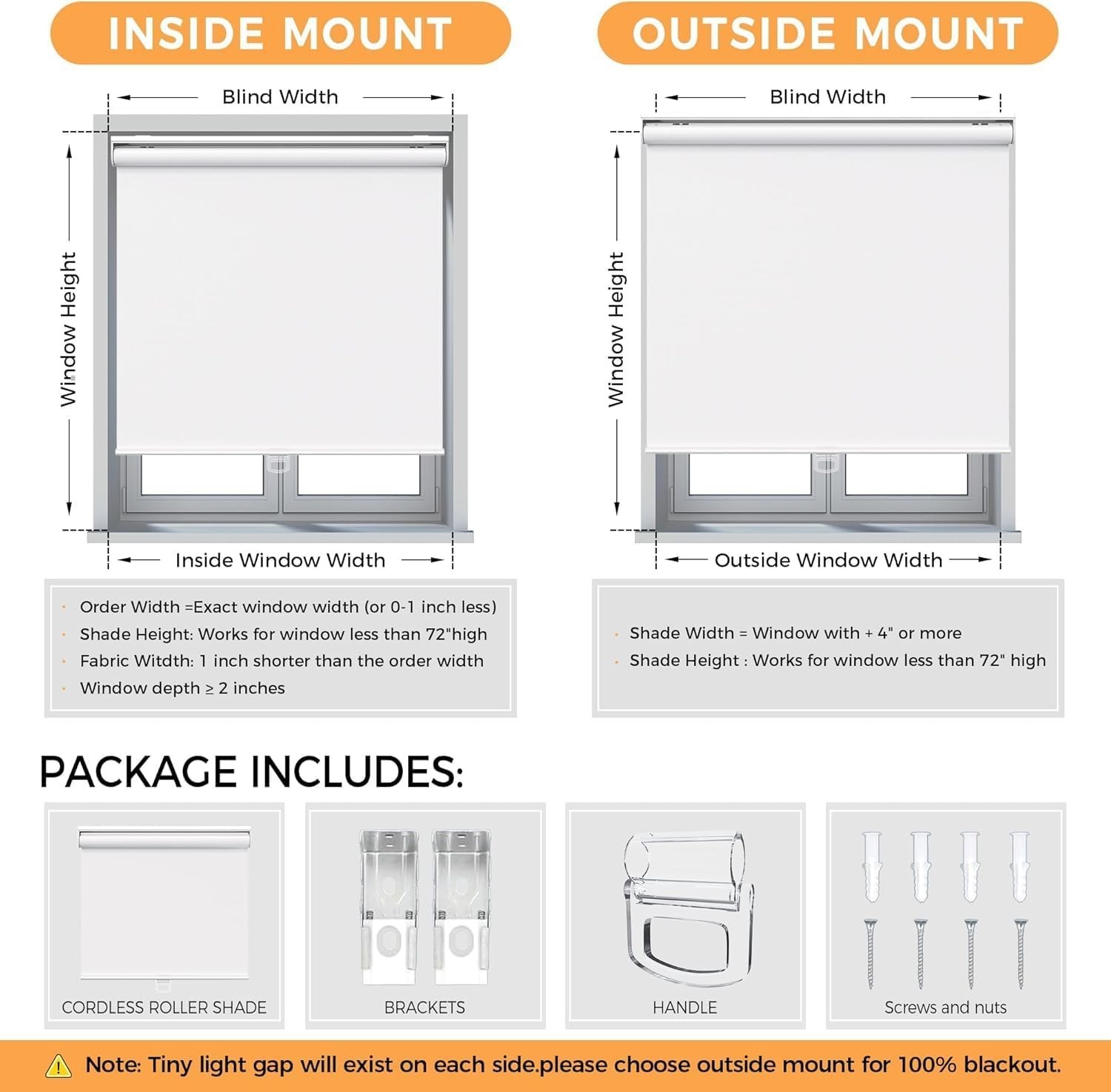 Cordless Roller Shades Blackout Blinds for Windows Room 23″ W x 72″ H White