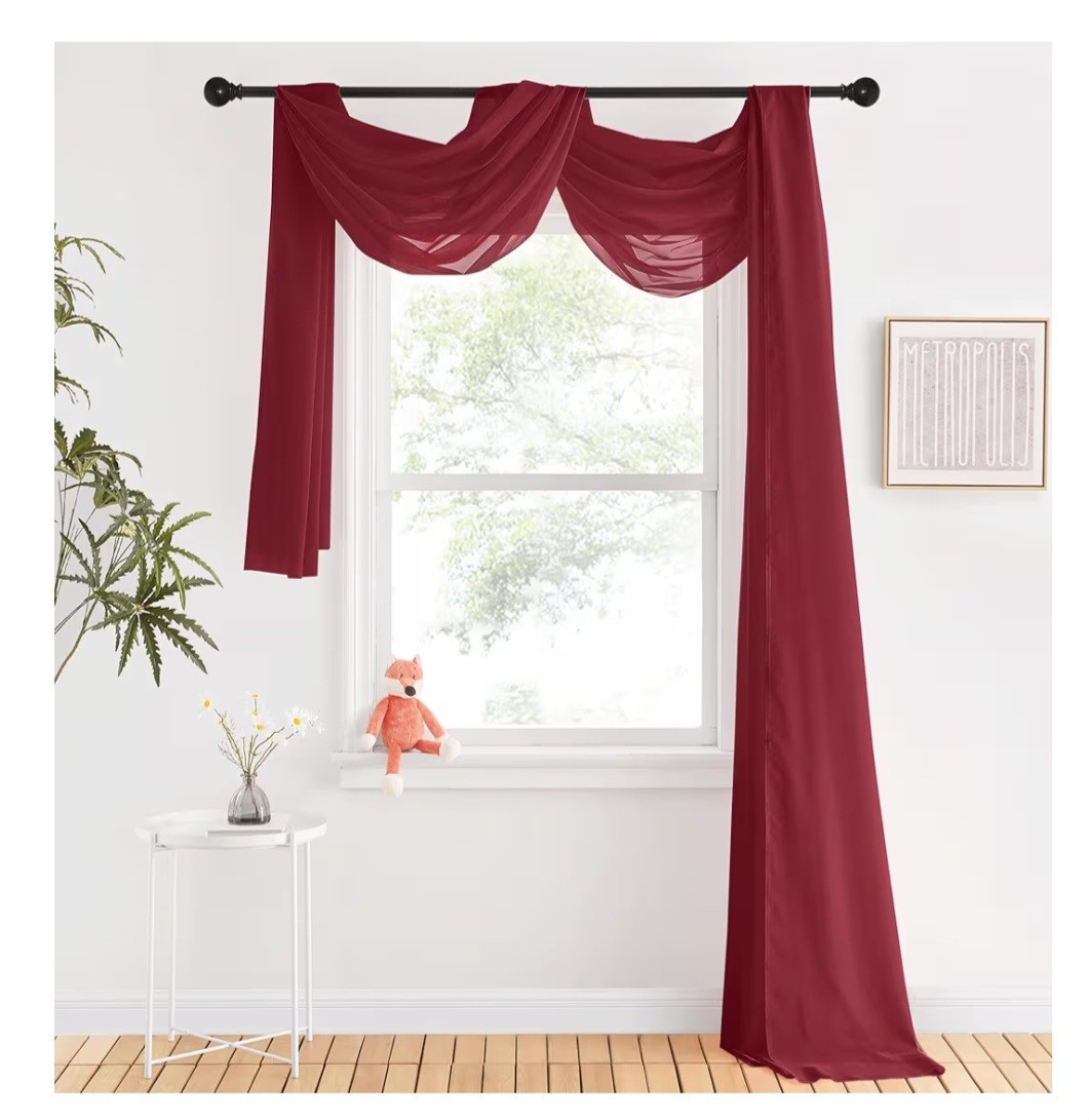 Sheer Window Scarf, set of 2, 112 x 29 inches Cranberry Red Burgundy Sparkle