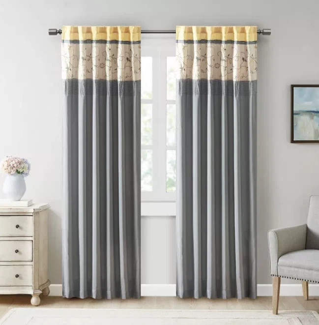 Madison Park 50″ W x 84″ L Monroe Embroidered Curtain Panel Yellow Floral – New