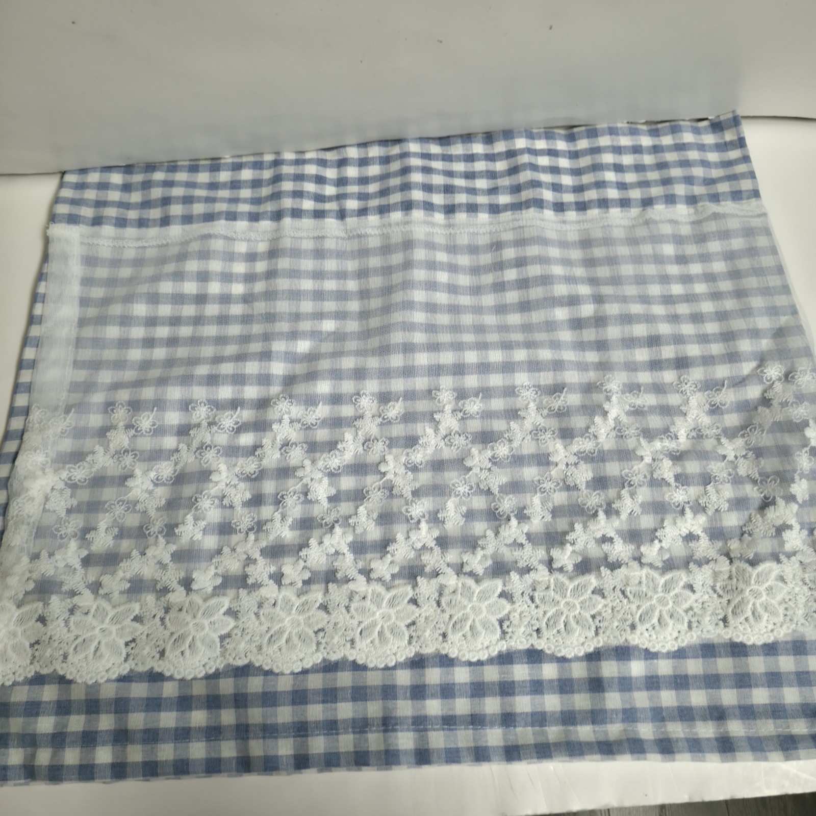 Blue White Gingham Check Cafe Curtain Floral Lace Farmhouse Kitchen Tier 42 X 17