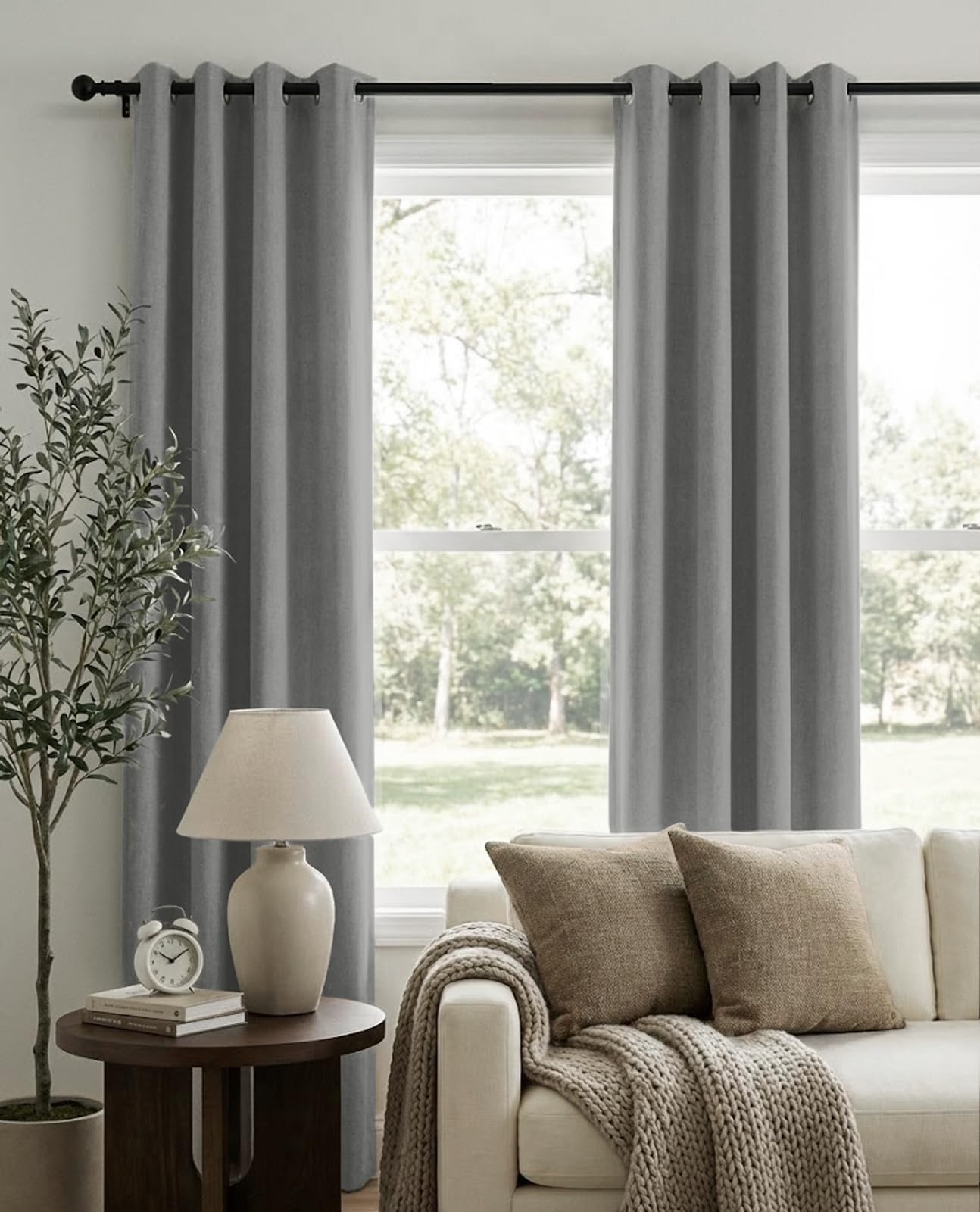 100% Blackout Shield Grey Curtains for Bedroom Grommet Linen Drapes 2P
