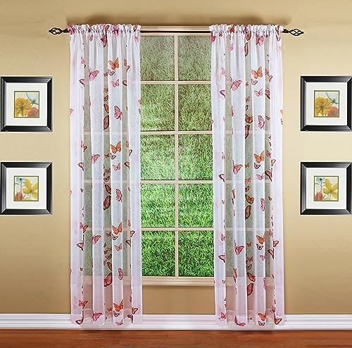 Butterflies Print Semi Sheer Panel, 63″, Pink, 54W x 63L