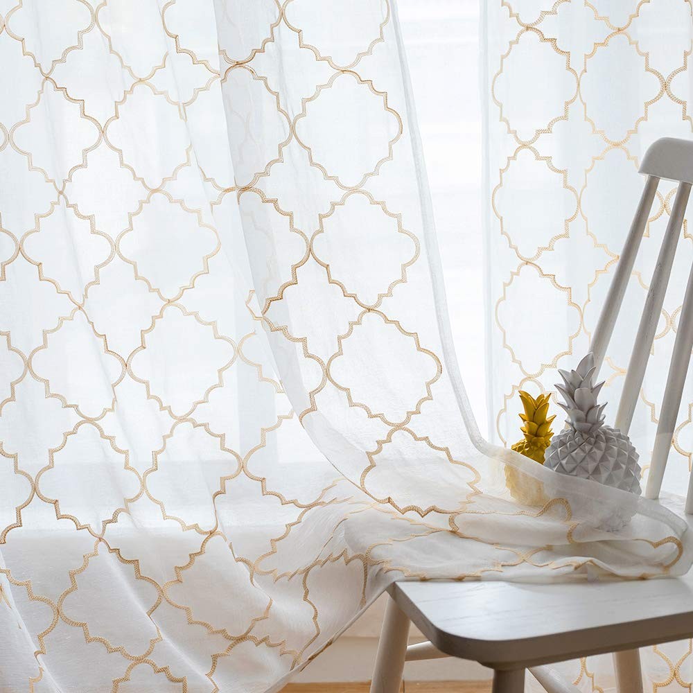 Embroidered Moroccan Tile Lattice Design Gold Sheer Curtains 84 Inch Long, Ro…