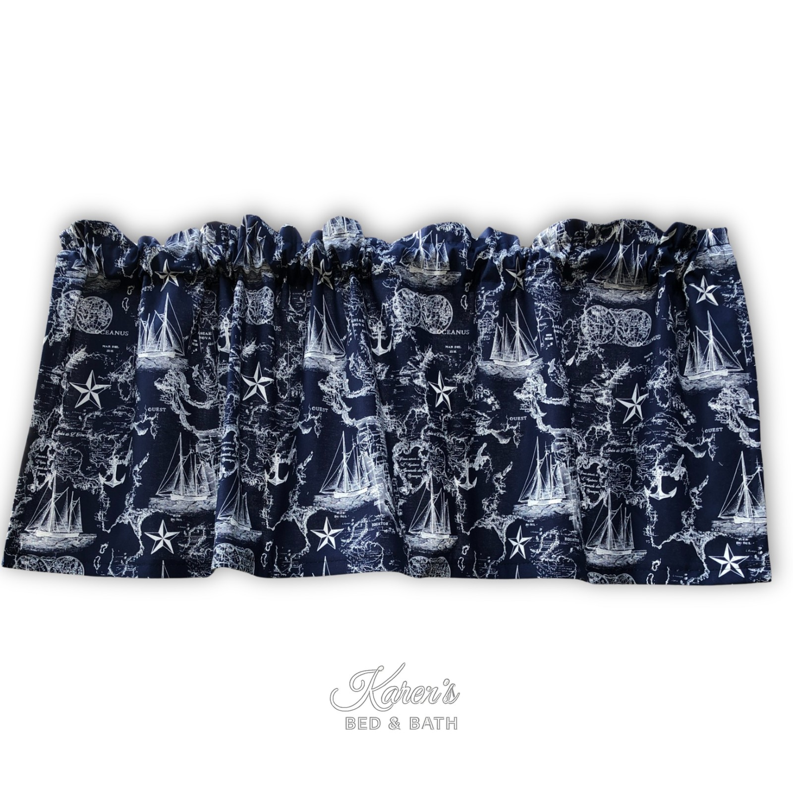 Nautical Map Valance – Navy Anchor Kitchen Curtain – Vintage Coastal Beach House