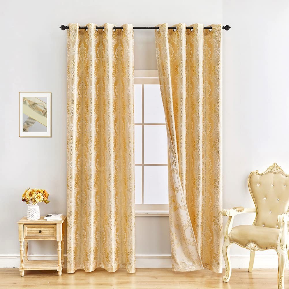 Elkca Jacquard Luxury Gold Curtains Drapes Window Curtains For Living Room