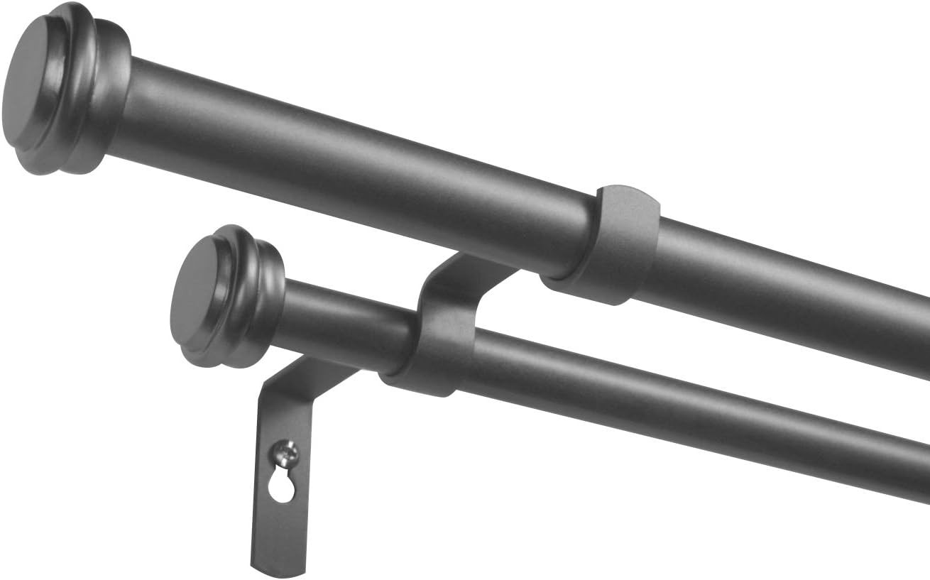 Topper Double Curtain Rod and Finial Set, Gunmetal, 36″-72″