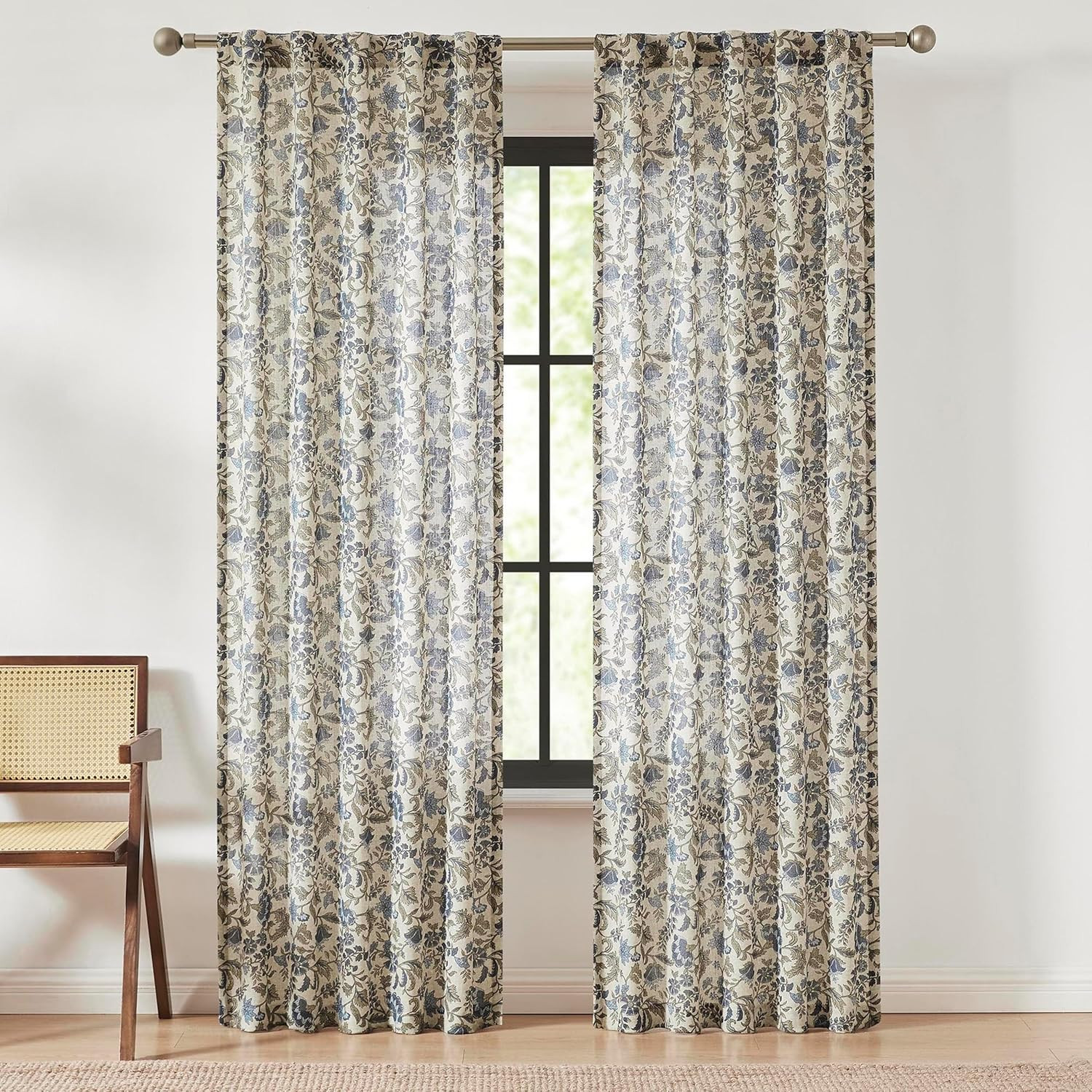 Lillian Floral Block Print Linen Curtains 37″x84″ Blue & Sage Pair