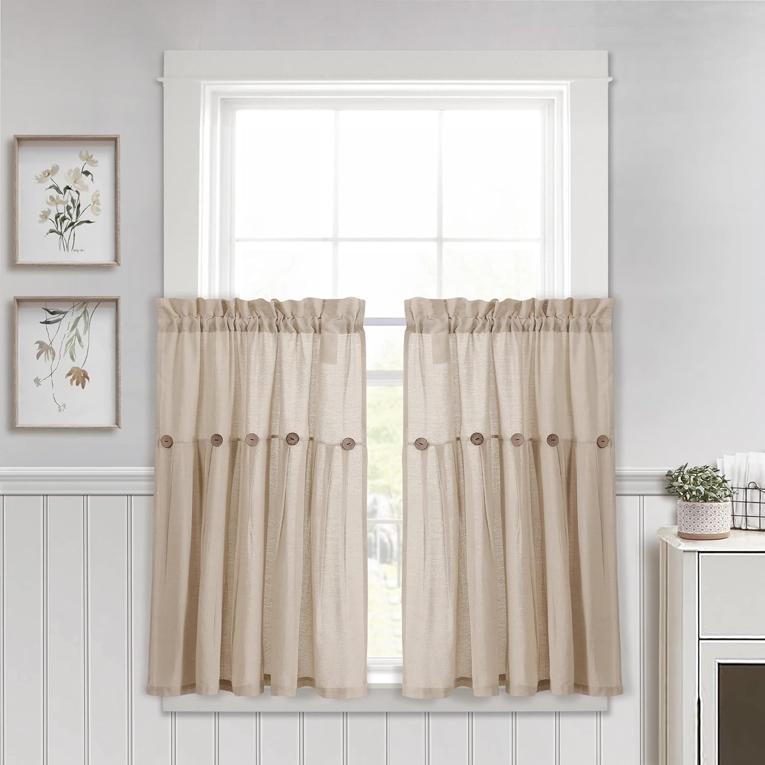 Button Farmhouse Kitchen Curtains Tier Set 29″W x 36″L Dark Linen Linen
