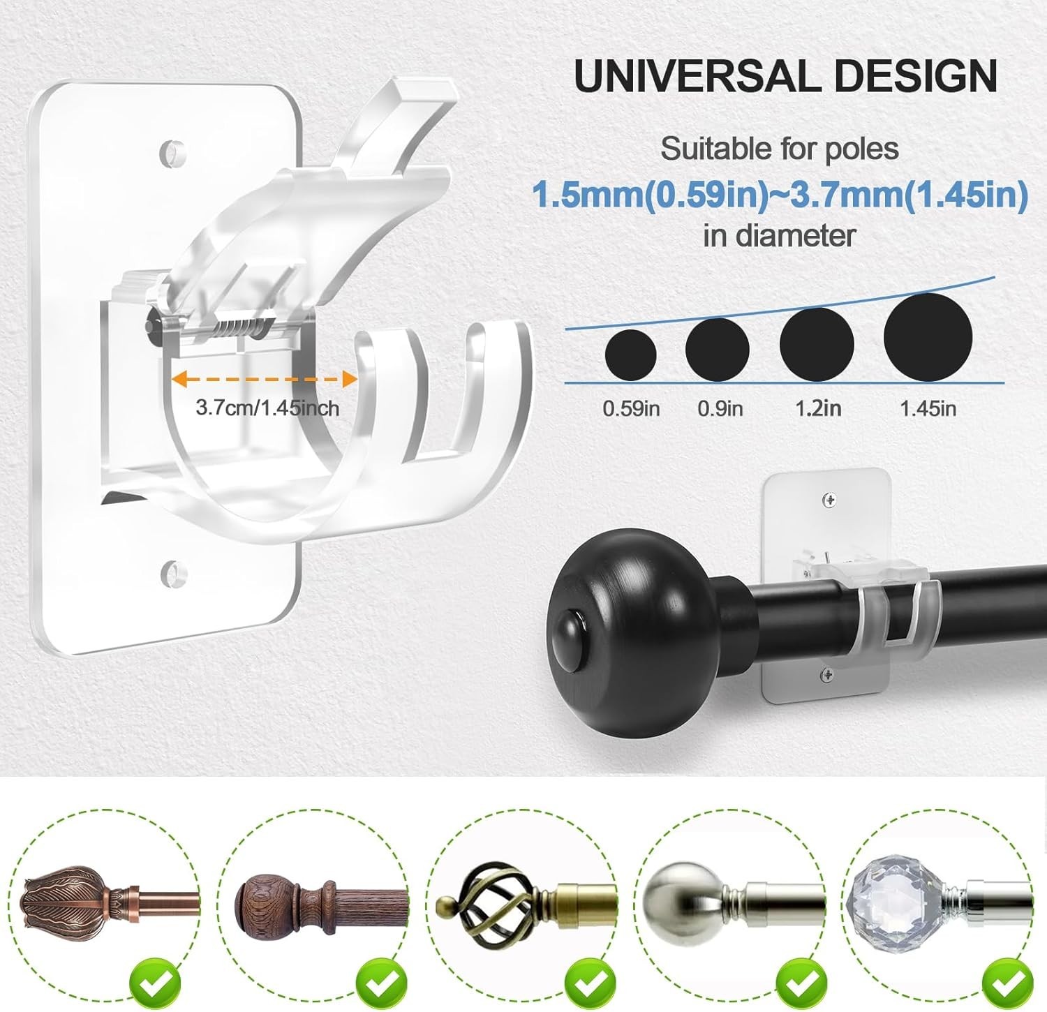 No-Drill Curtain-Rod Adhesive-Brackets Adjustable-Holder – 20 Pounds Nail Fre…