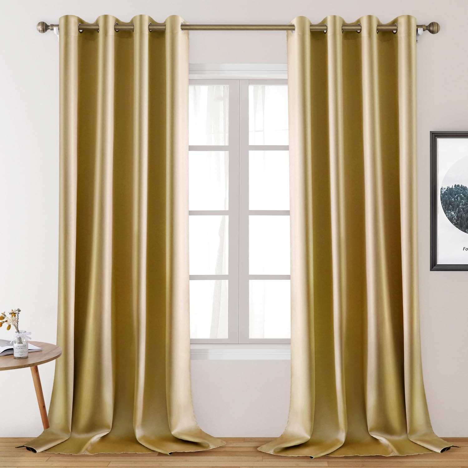 HOMEIDEAS 2 Panels Gold Faux Silk Blackout Curtains, 52 X 108 Inch Room Darke…