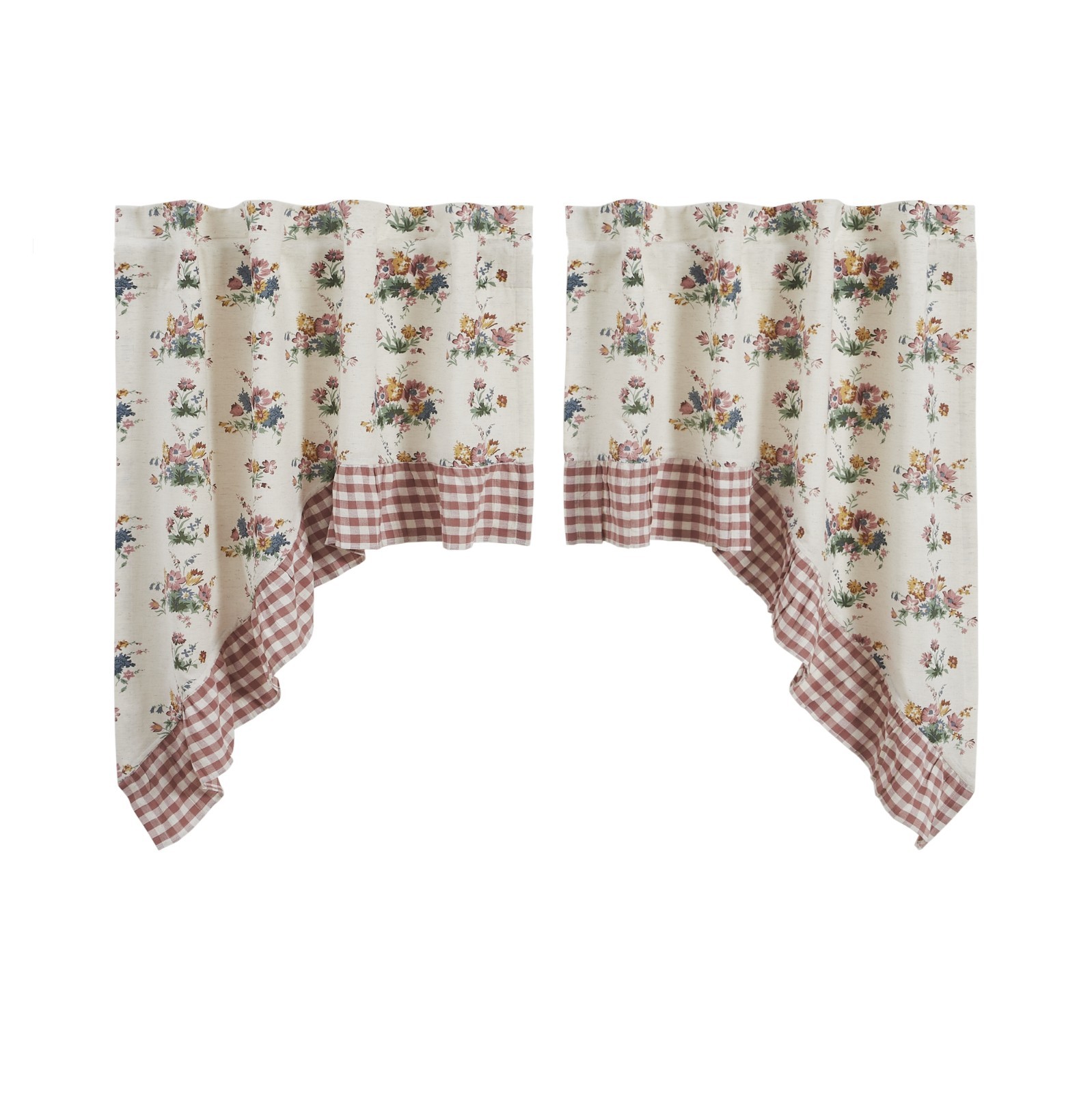 New Primitive Farmhouse Vintage COTTAGE FLORAL GINGHAM CHECK SWAGS Cafe Curtains
