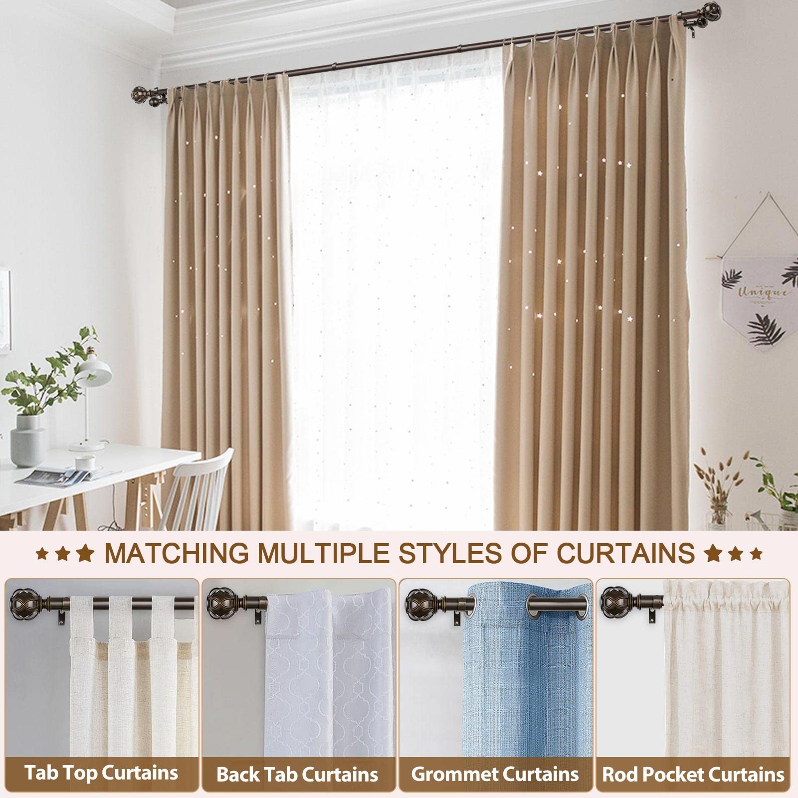 KAMANINA 1 Inch Double Curtain Rods 72 to 144 Inches 72-144″, Antique Bronze