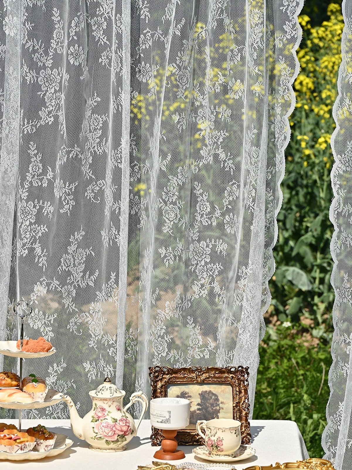 White Floral Lace Sheer Curtain Panel 59Wx118L 150x300cm For Window