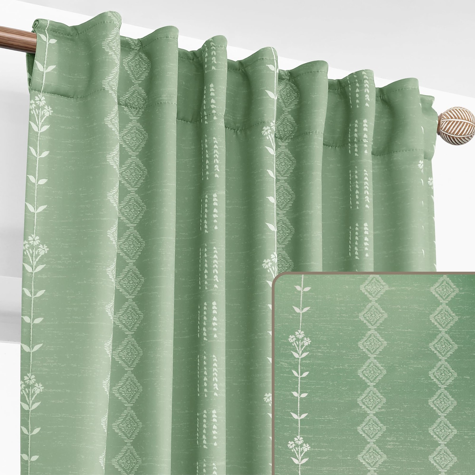 Lino Rosa Sage Green Botanical Patterned Curtains Boho Neutral Nursery Curtains
