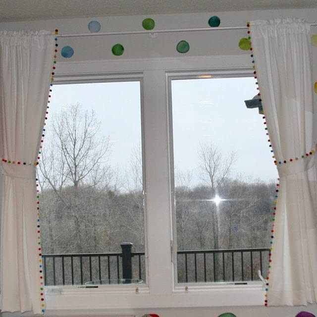 Handmade White Cotton Curtain with Multi Color Pom Pom Tassels, Boho Window T…