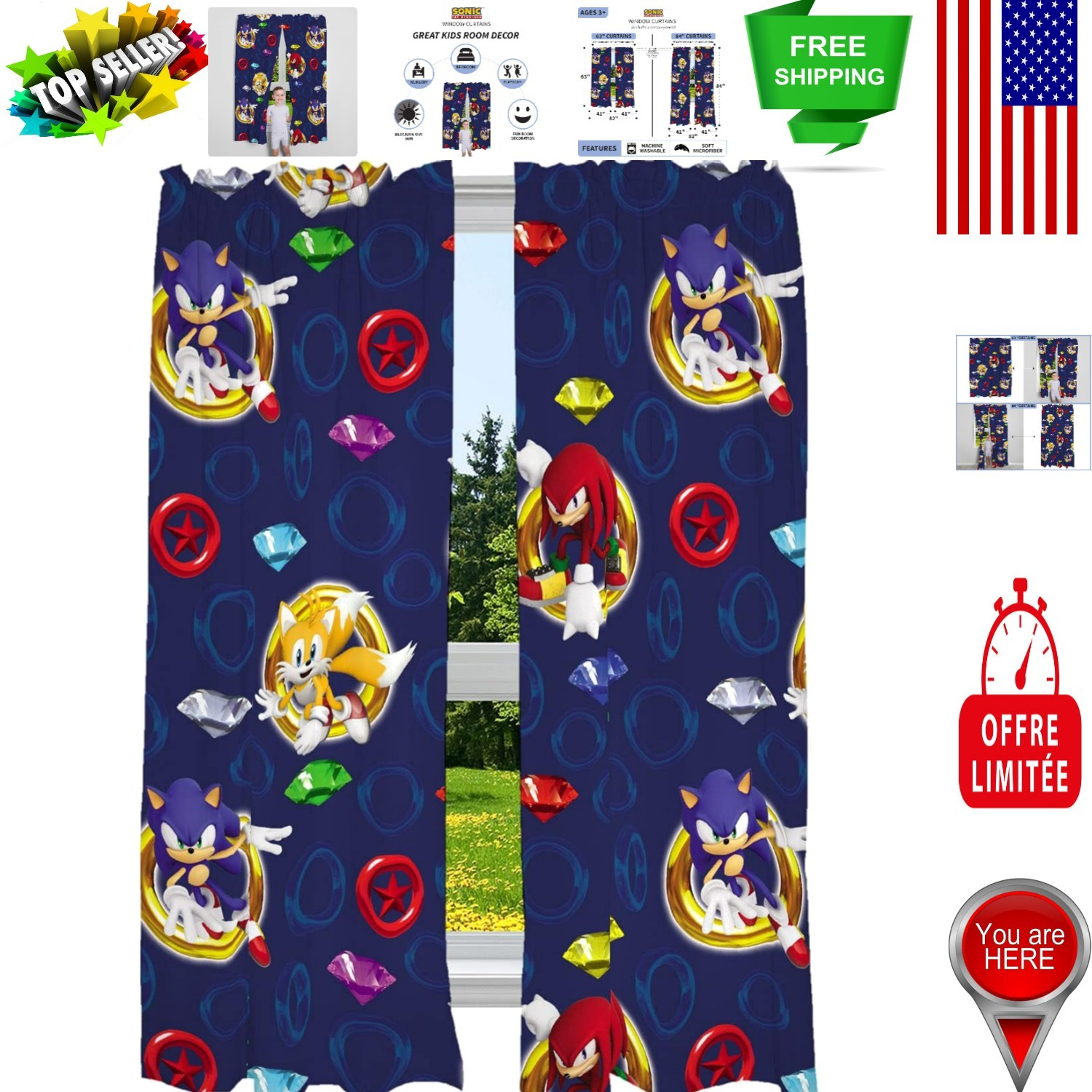 Durable Sonic The Hedgehog Microfiber Curtains, 82×63 in, Kids Room Drapes