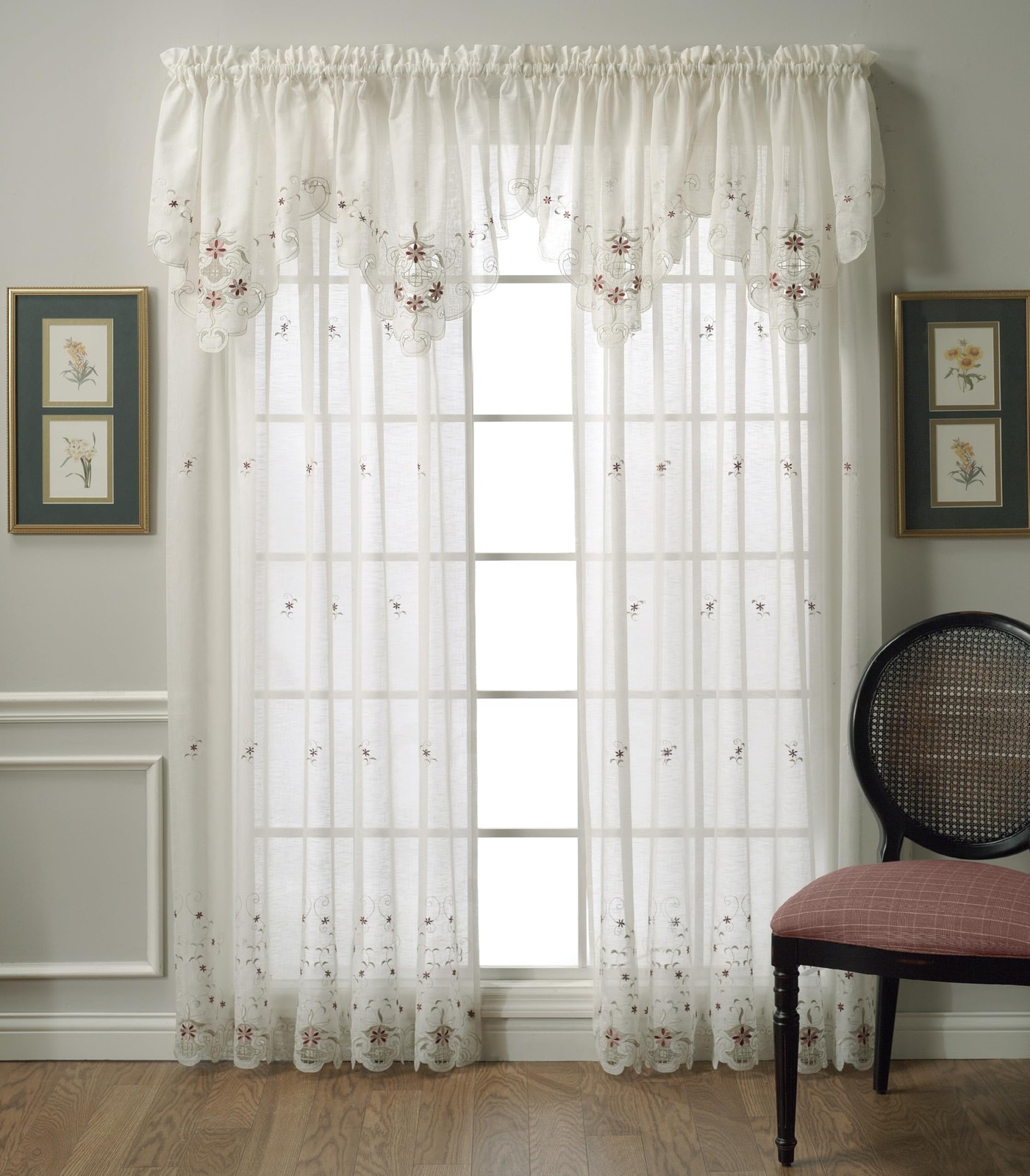 , Sunshine Semi Sheer Embroidery Panel 84″, Ecru/Burgundy, 60″ W x 84″ L