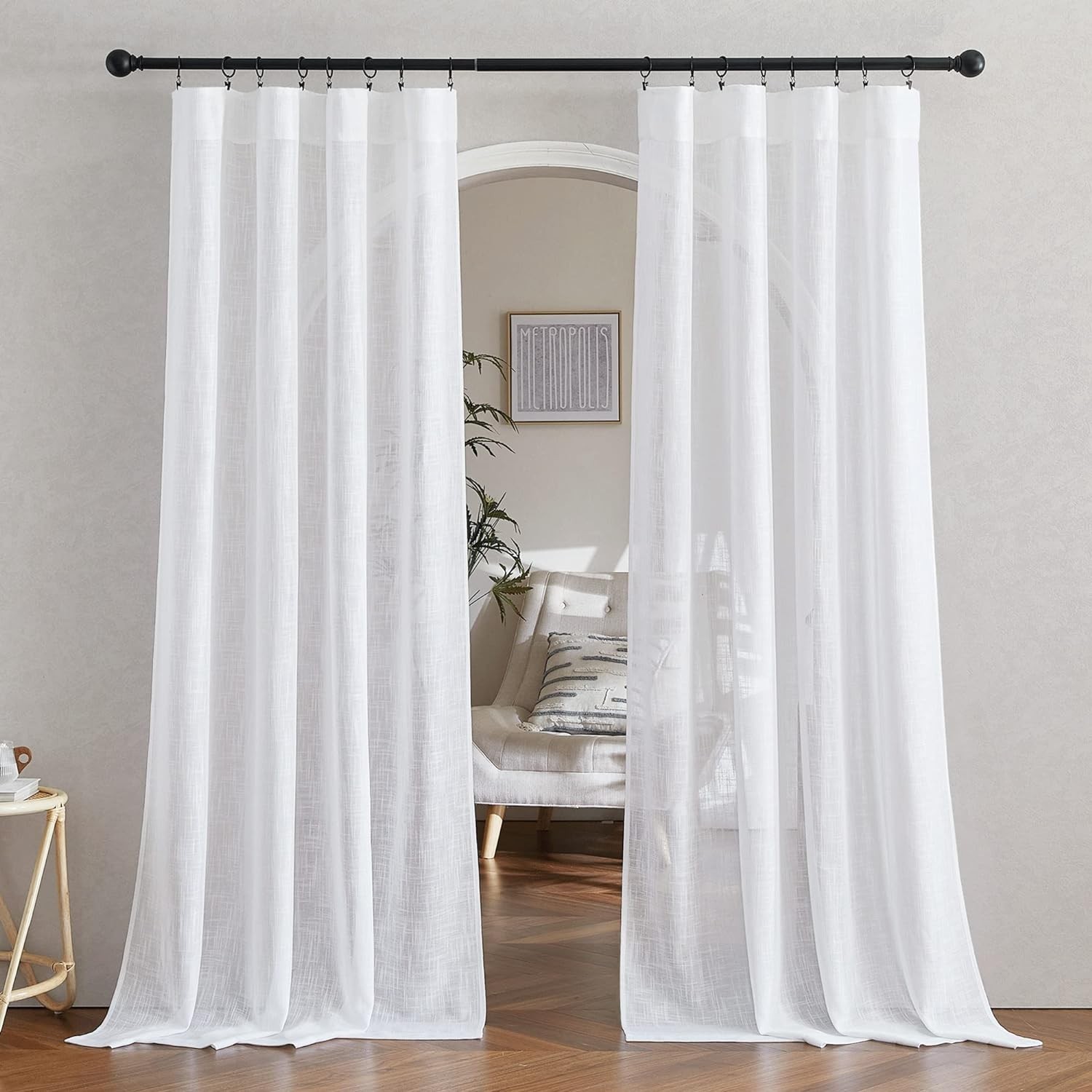 White Linen Sheer Curtains and Drapes 84 inches Long, Rod Pocket & Back Tab s…
