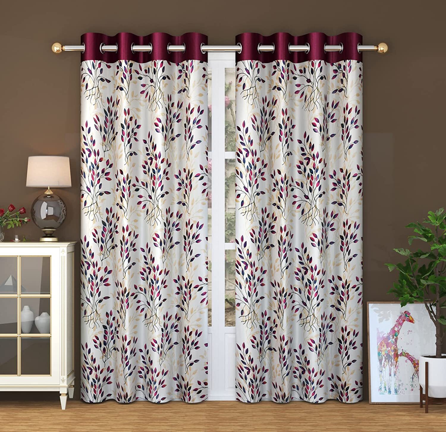 Vento Patch Printed Polyster Curtain – 5 feet Window, Wine [3 Piece]