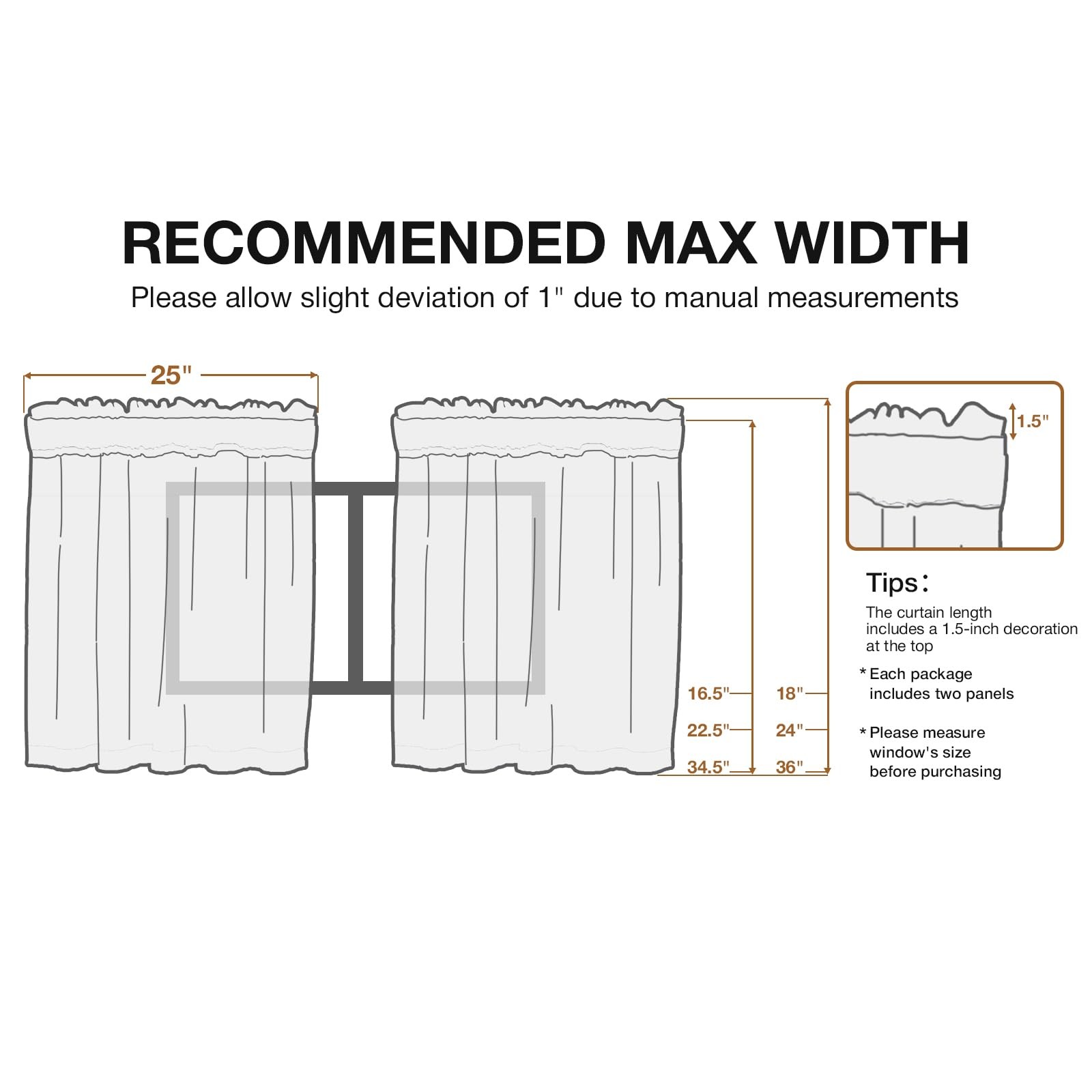 Non-See-Through Valance Kitchen Curtains 18 Inch Length 2 Panels Set, Off White