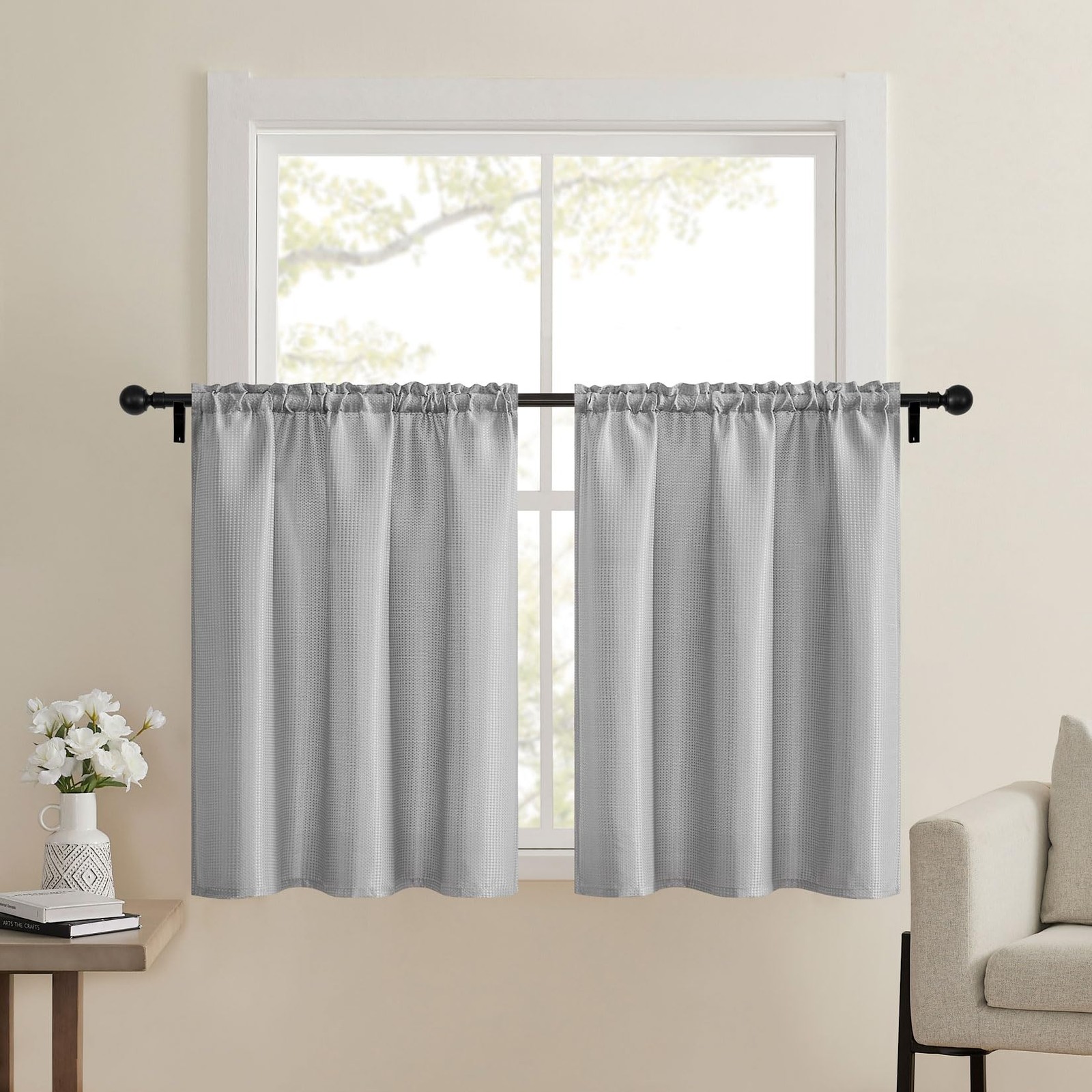 Water Repellent Waffle Bathroom Window Curtains, 24W x 36L Inch