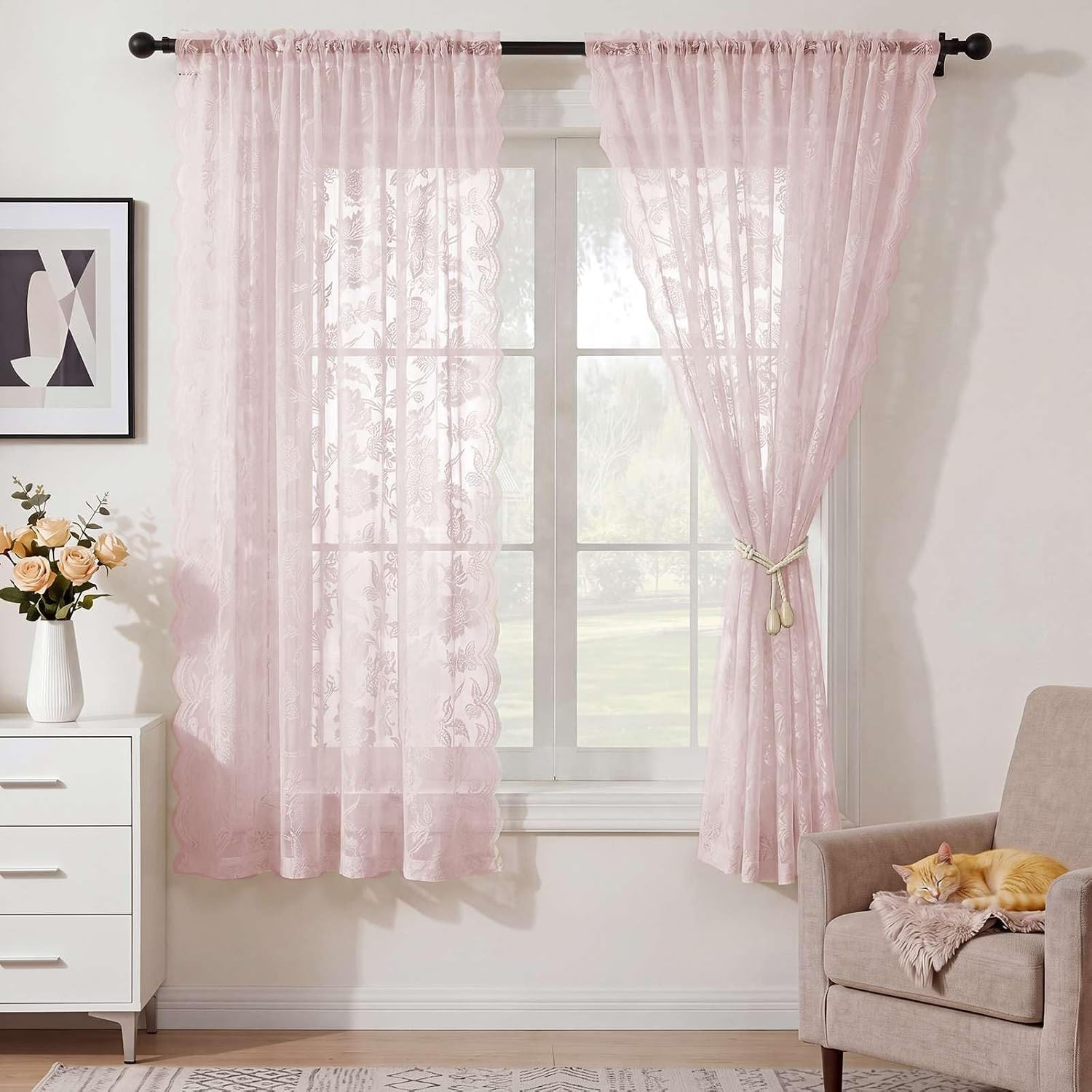 H.VERSAILTEX Light Pink Lace Curtains 54 Inch Length 2 Panels Set Rod Pocket, Fr